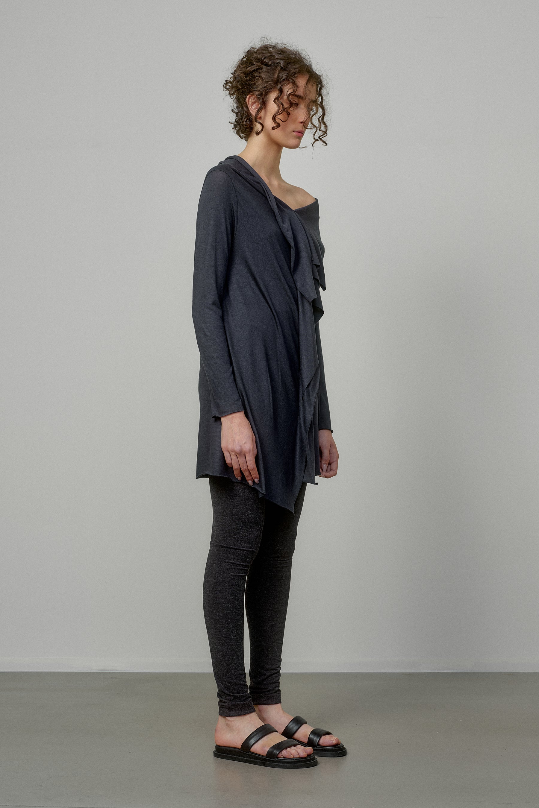 ELEGANT SOFT KNIT TUNIC WITH DRAPED FRONT AND RAW EDGES