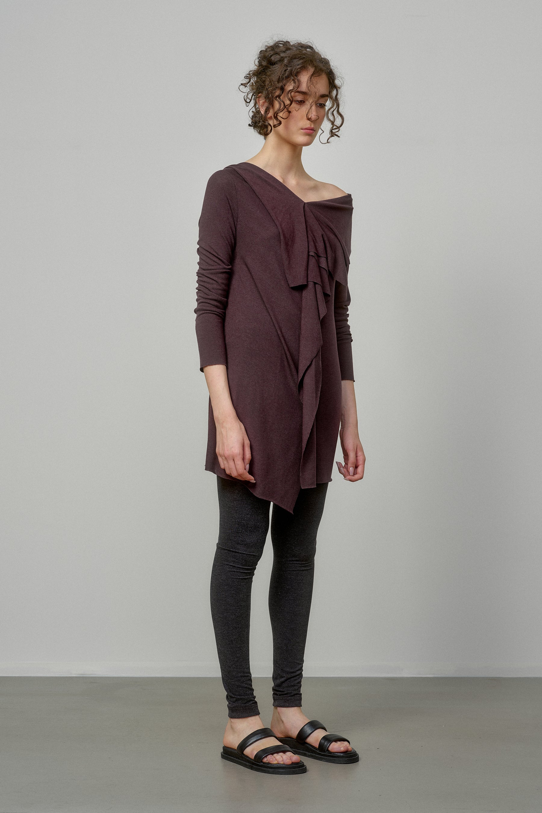 ELEGANT SOFT KNIT TUNIC WITH DRAPED FRONT AND RAW EDGES