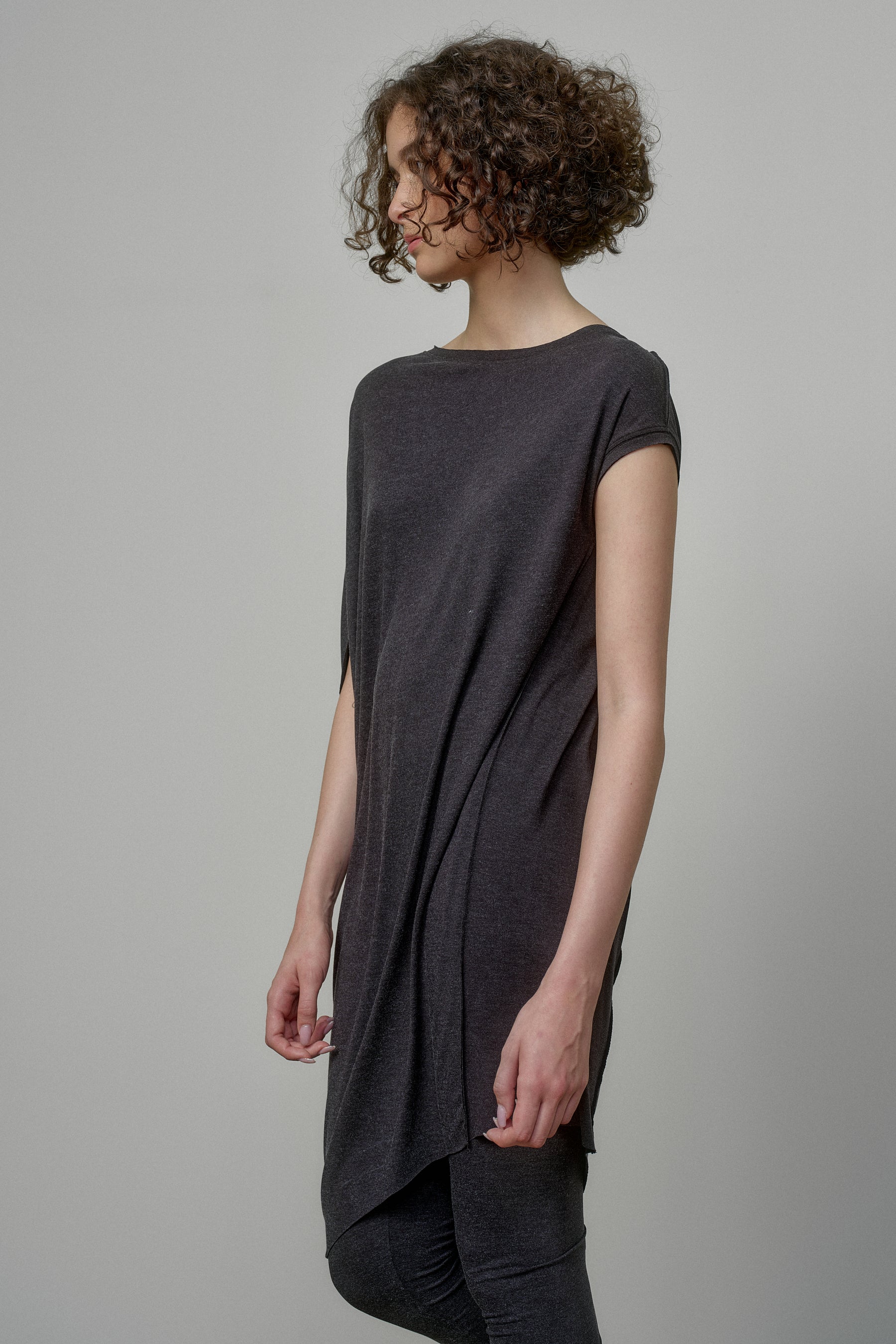 CHARCOAL MELANGE TUNIC DRESS WITH RAW EDGES