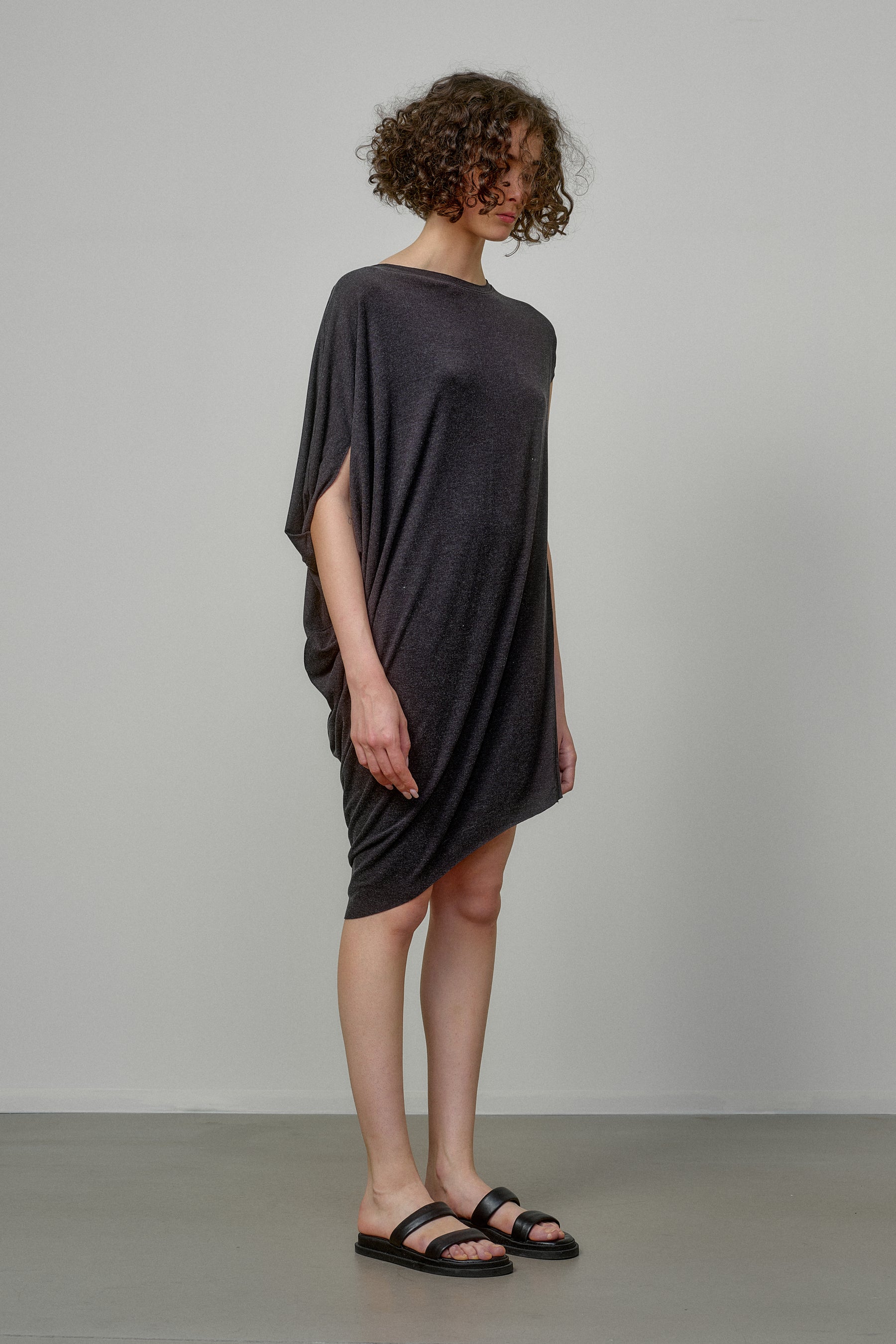 CHARCOAL MELANGE TUNIC DRESS WITH RAW EDGES