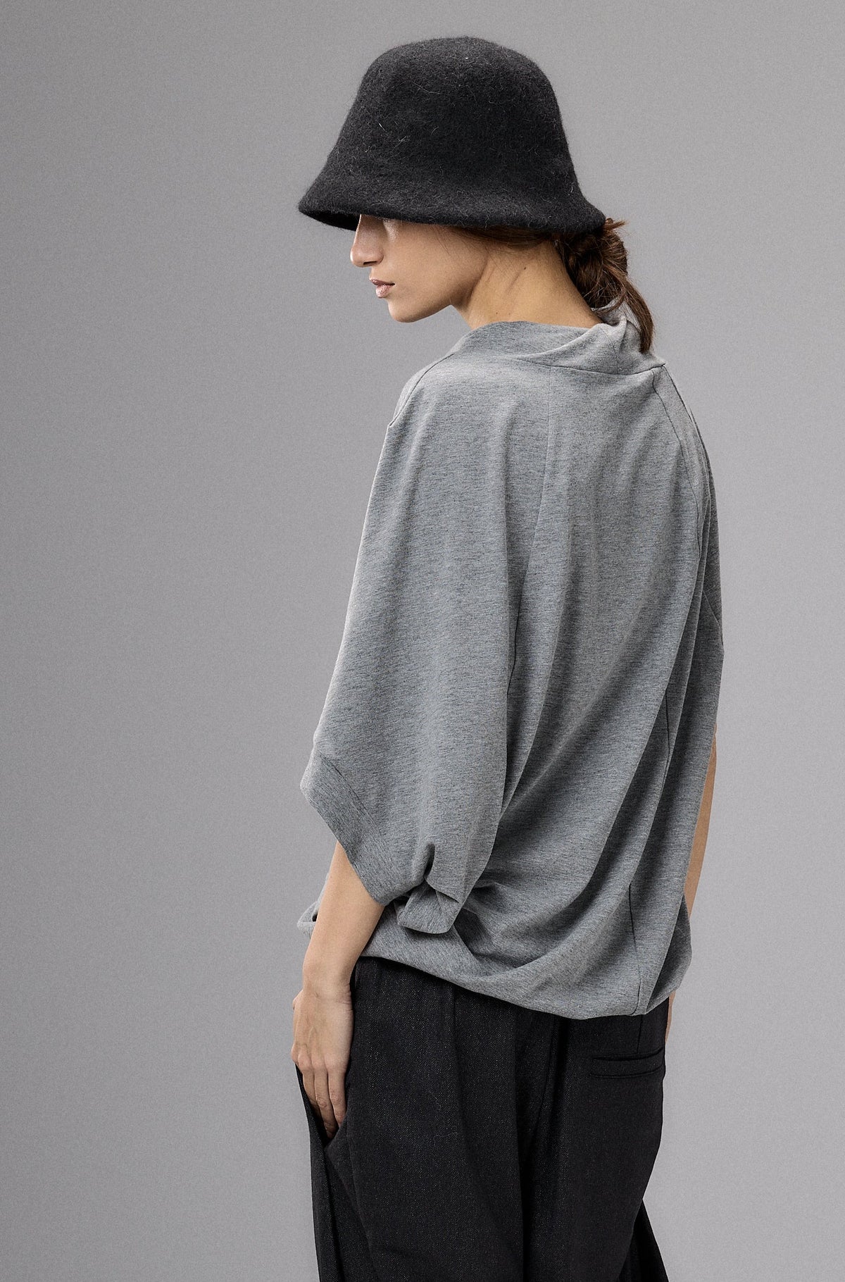ASYMMETRICAL SLEEVE GRAY COTTON BLOUSE