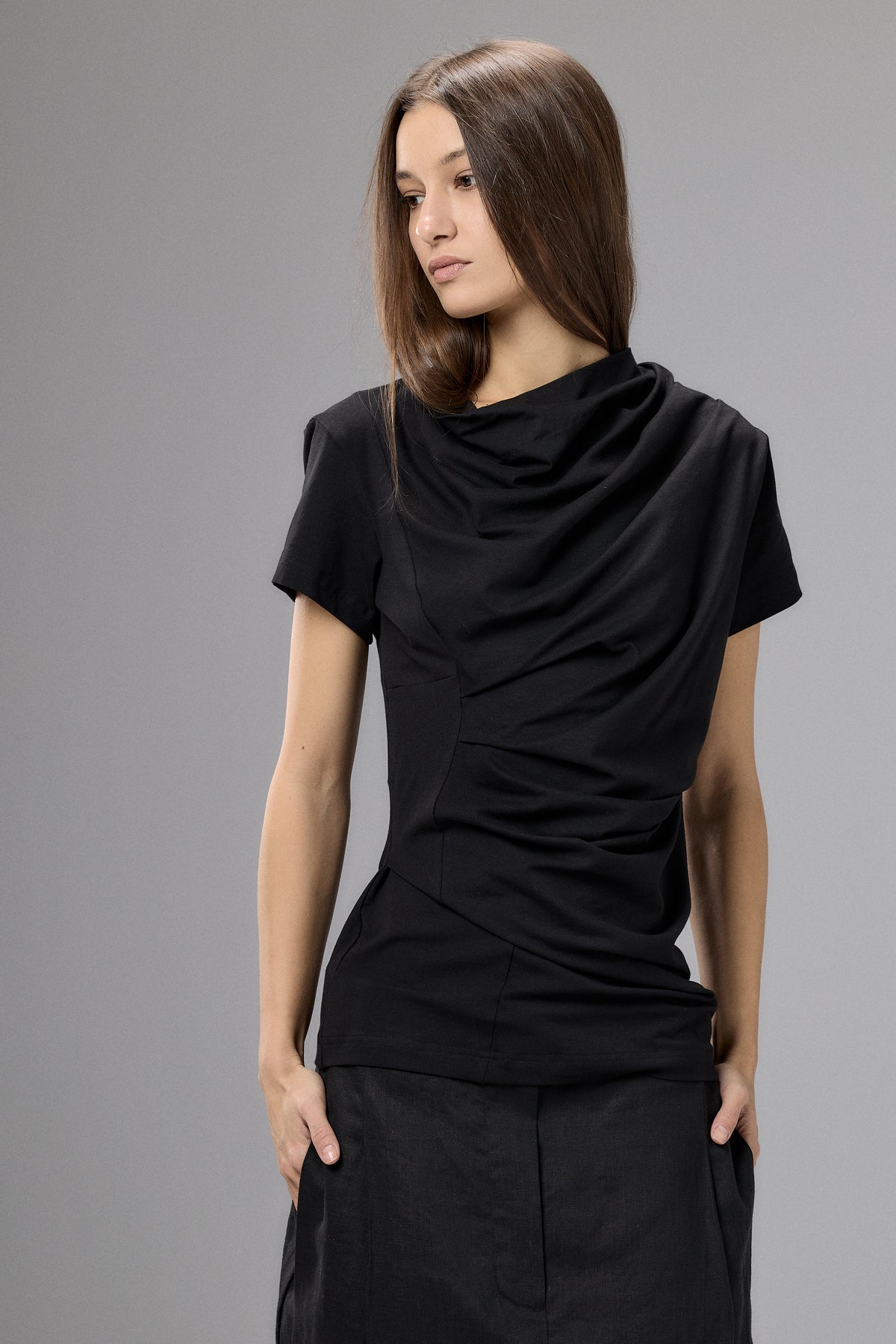 SHORT SLEEVE BLACK DRAPE BLOUSE