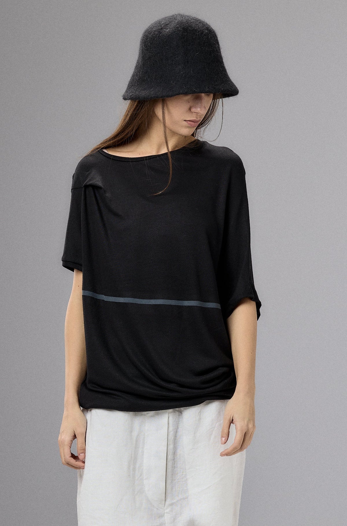 ASYMMETRICAL DRAPED BLACK BLOUSE
