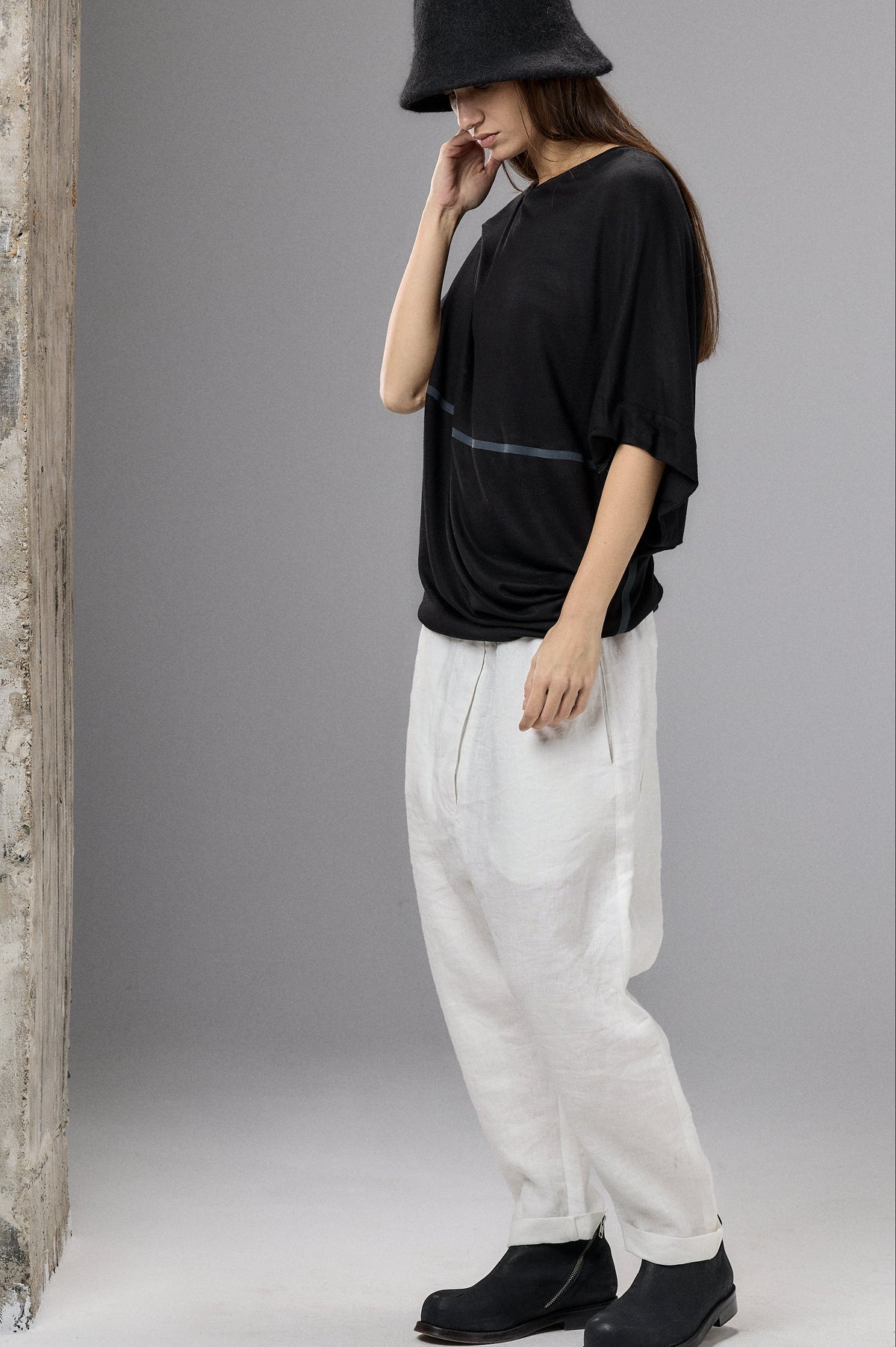 ASYMMETRICAL DRAPED BLACK BLOUSE