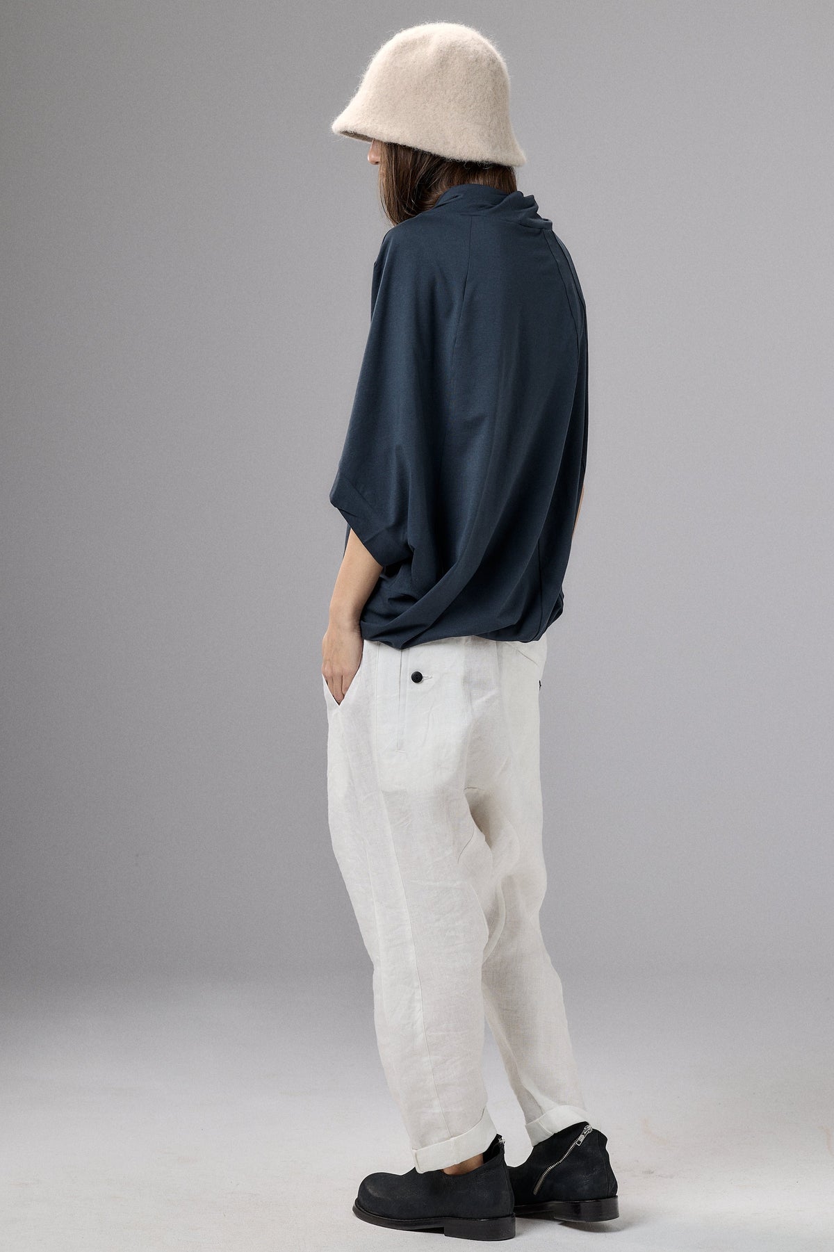 ASYMMETRICAL SLEEVE MUTED BLUE COTTON BLOUSE