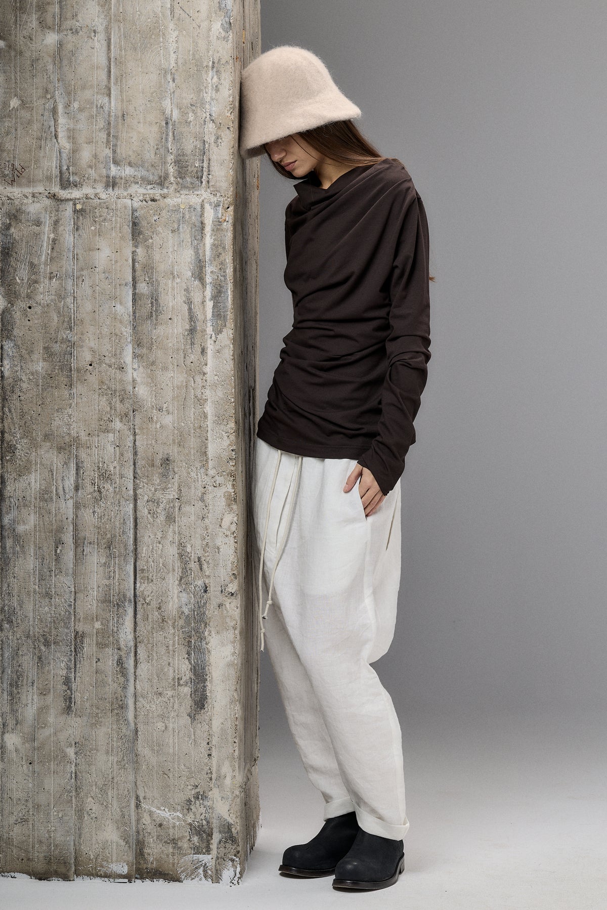 LONG SLEEVE DARK BROWN DRAPE BLOUSE