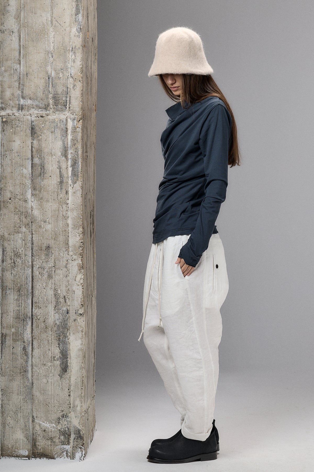 LONG SLEEVE MUTED BLUE DRAPE BLOUSE