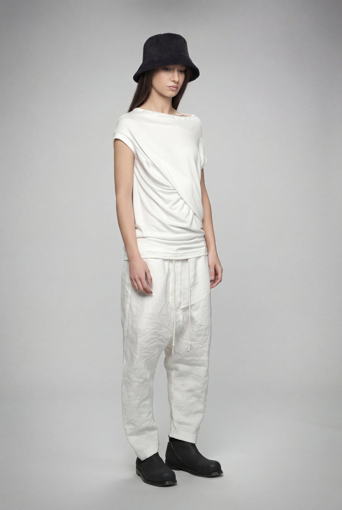 ASYMMETRICAL OFF WHITE DRAPED WRAP TOP