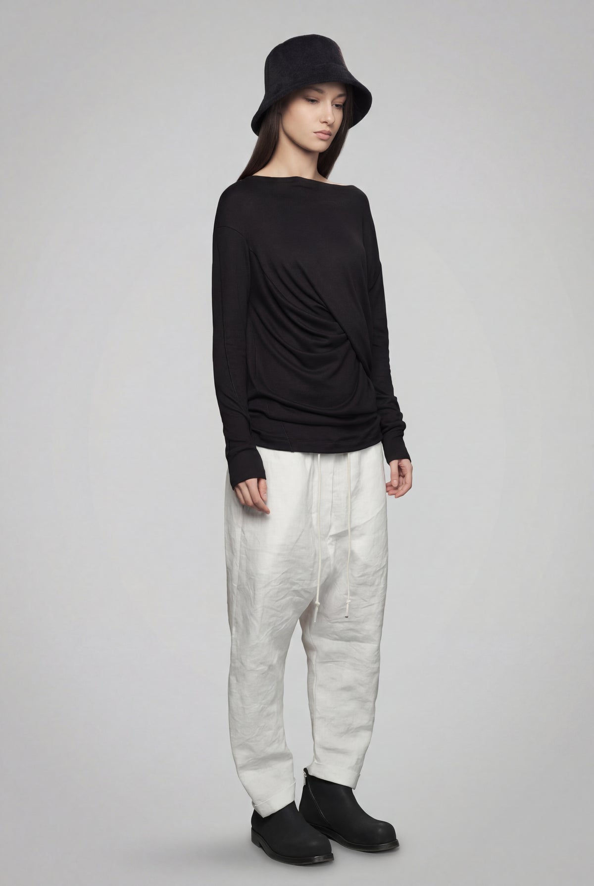 BLACK DRAPED WRAP LONG SLEEVE TOP