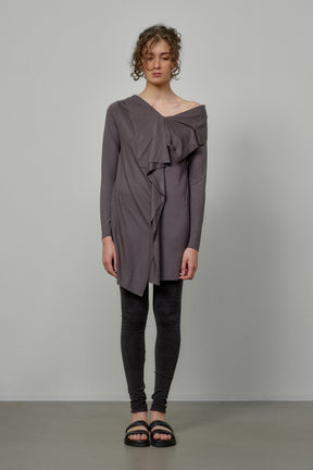 ELEGANT SOFT KNIT TUNIC WITH DRAPED FRONT AND RAW EDGES