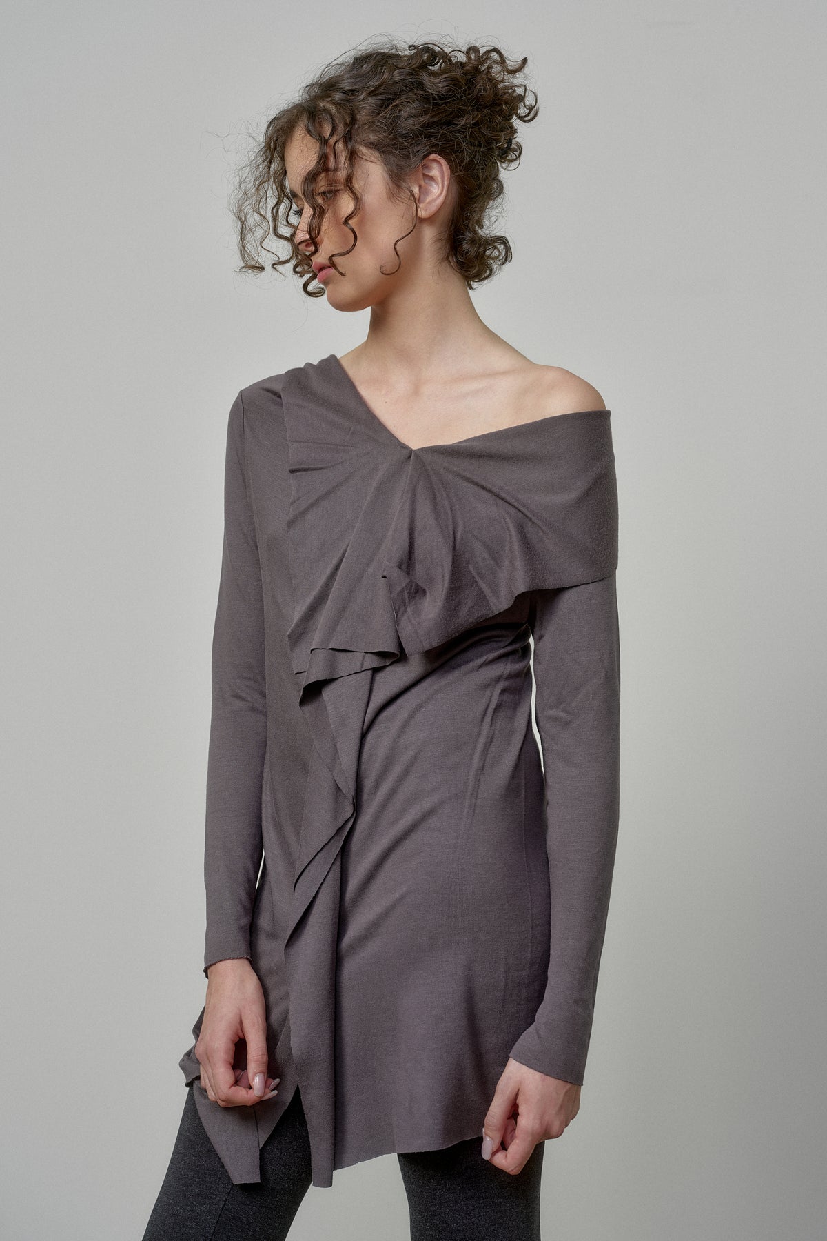 ELEGANT SOFT KNIT TUNIC WITH DRAPED FRONT AND RAW EDGES