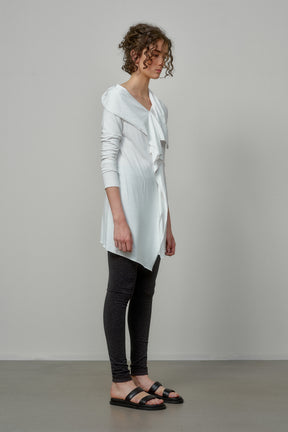 ELEGANT SOFT KNIT TUNIC WITH DRAPED FRONT AND RAW EDGES
