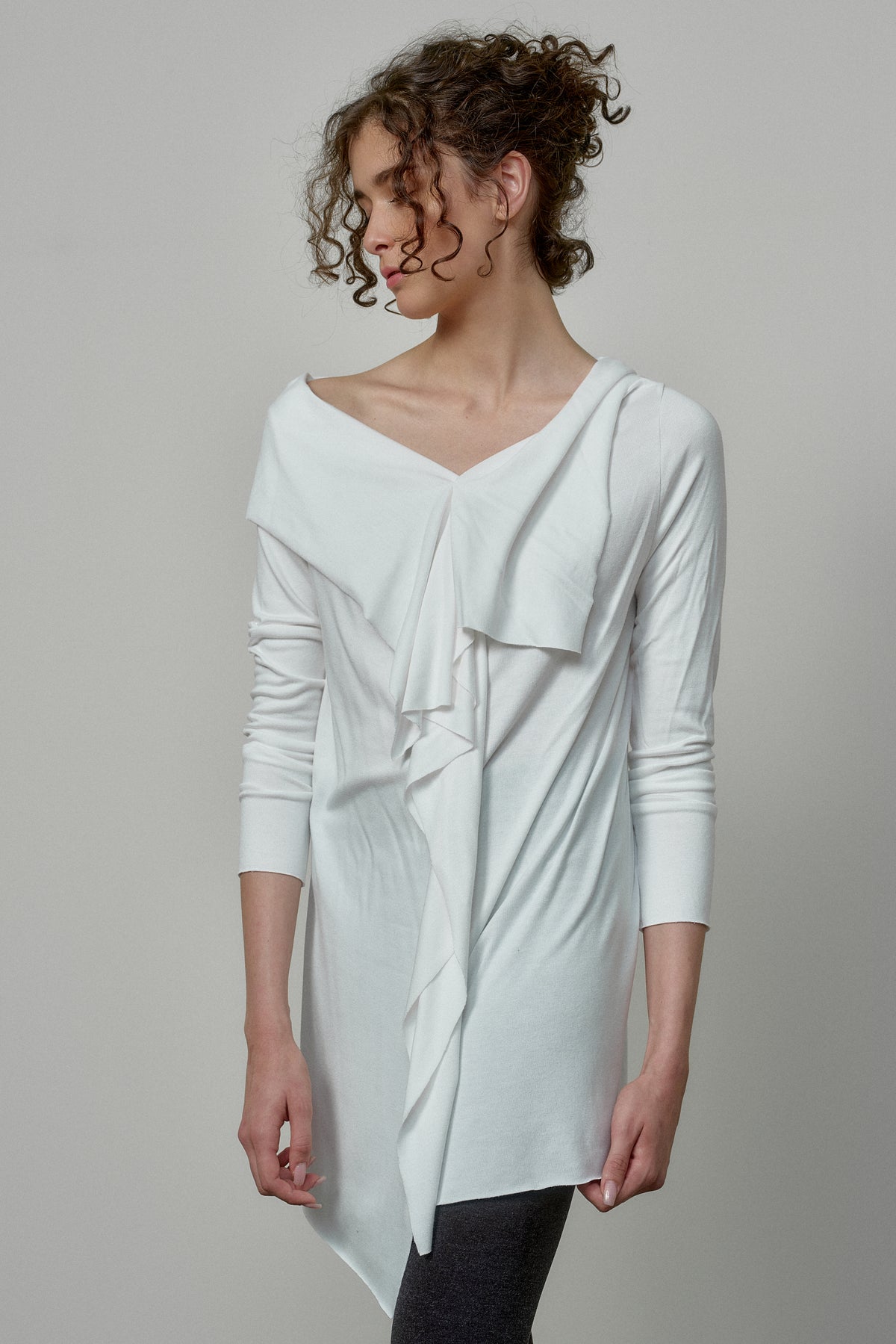 ELEGANT SOFT KNIT TUNIC WITH DRAPED FRONT AND RAW EDGES