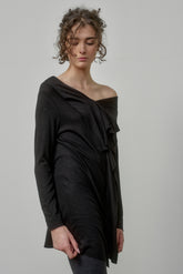 ELEGANT SOFT KNIT TUNIC WITH DRAPED FRONT AND RAW EDGES
