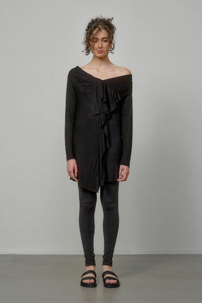 ELEGANT SOFT KNIT TUNIC WITH DRAPED FRONT AND RAW EDGES