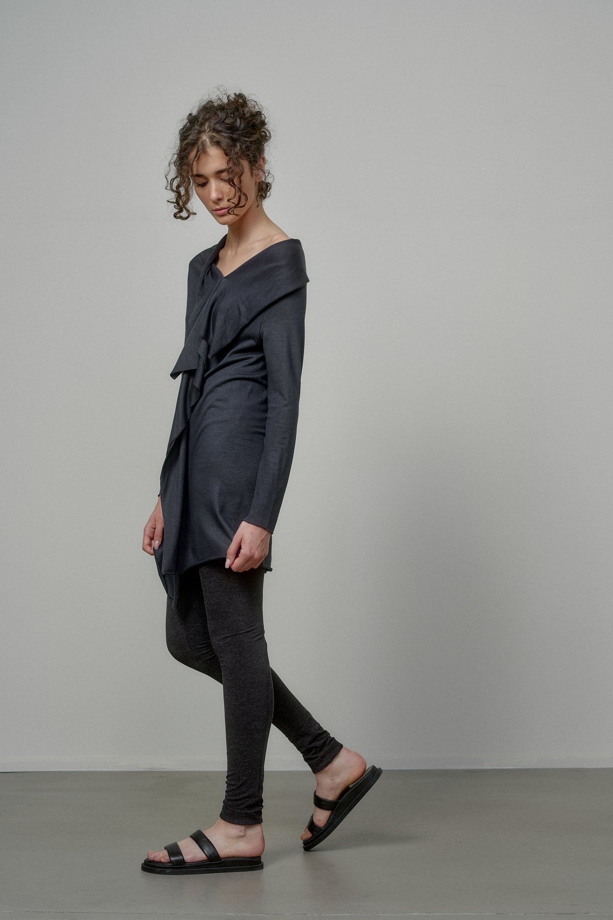 ELEGANT SOFT KNIT TUNIC WITH DRAPED FRONT AND RAW EDGES