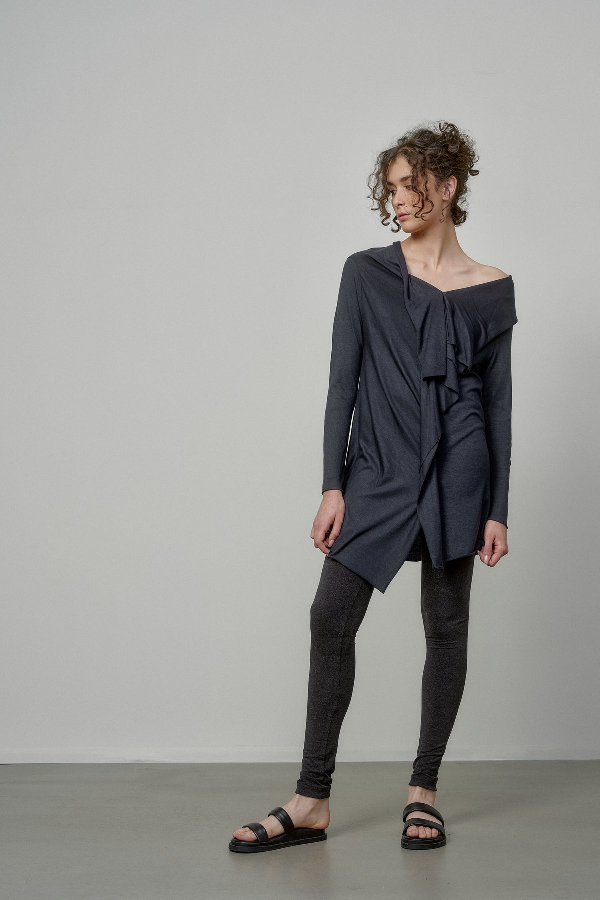 ELEGANT SOFT KNIT TUNIC WITH DRAPED FRONT AND RAW EDGES