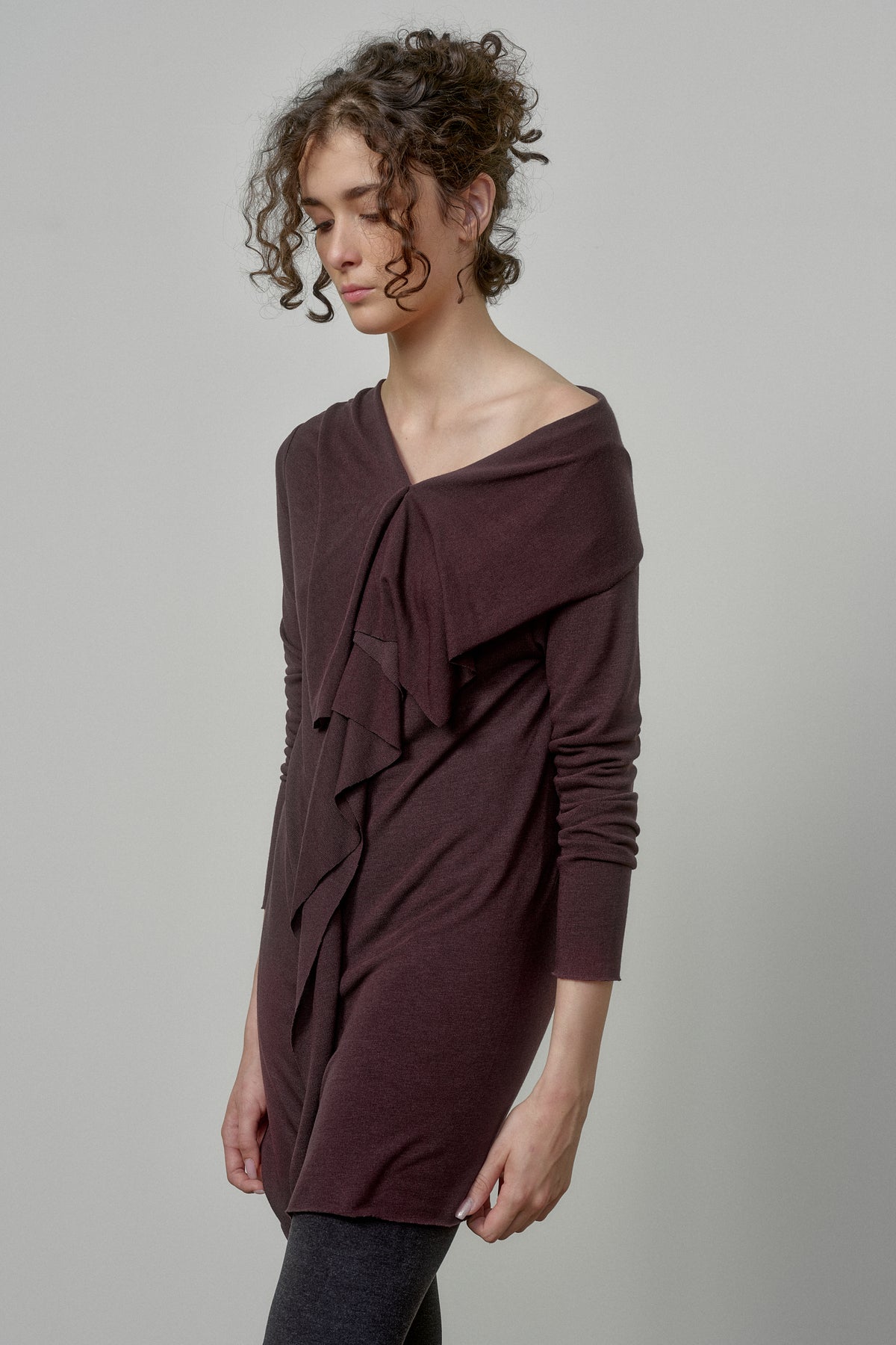 ELEGANT SOFT KNIT TUNIC WITH DRAPED FRONT AND RAW EDGES