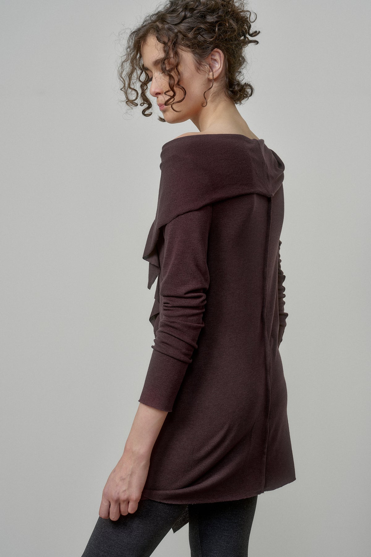 ELEGANT SOFT KNIT TUNIC WITH DRAPED FRONT AND RAW EDGES