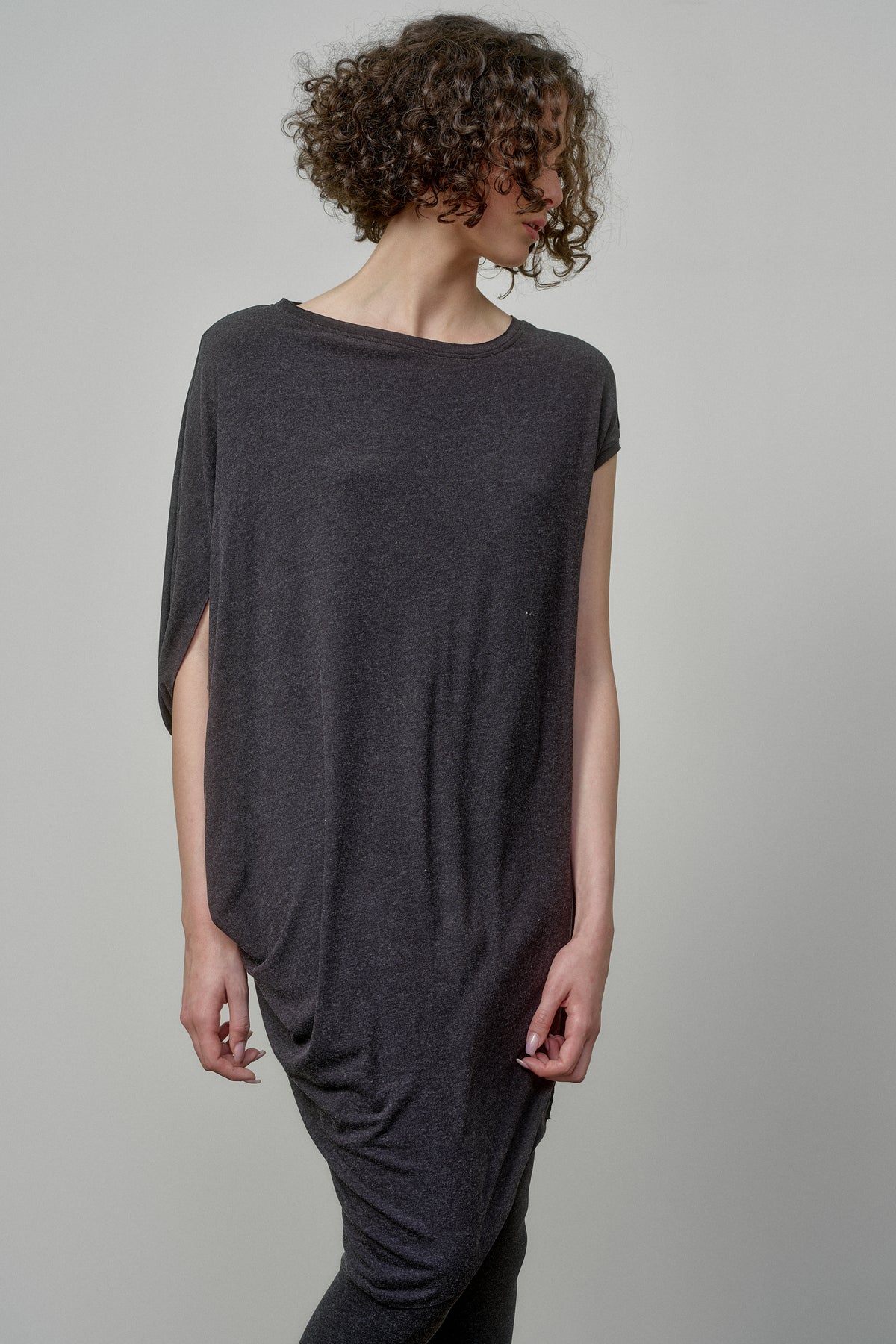 CHARCOAL MELANGE TUNIC DRESS WITH RAW EDGES