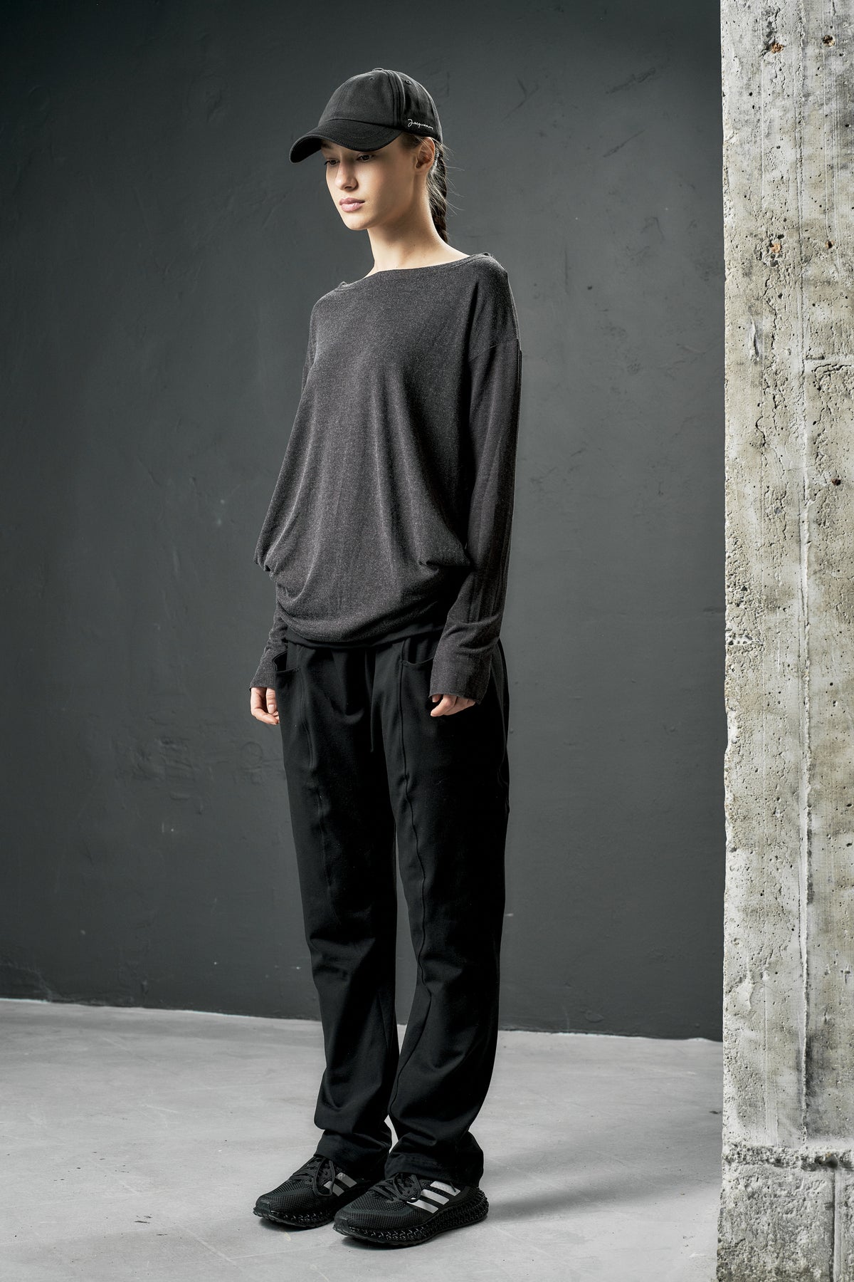 CHARCOAL JERSEY LONG SLEEVE BOATNECK TOP