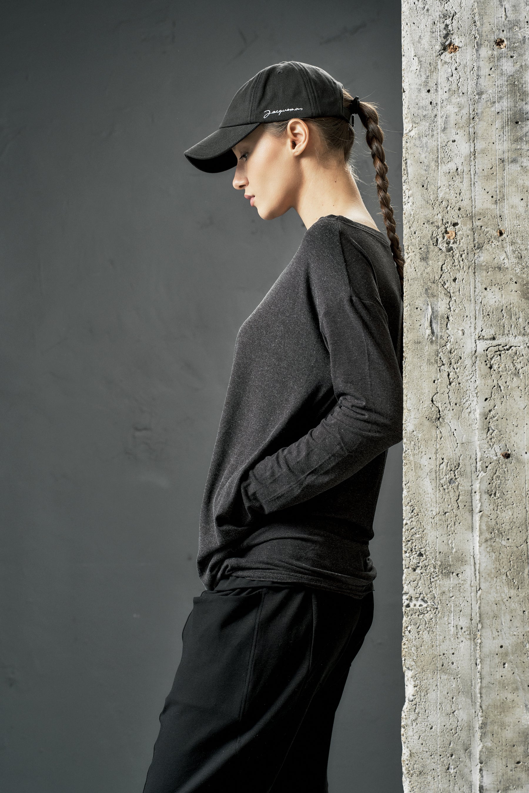 CHARCOAL JERSEY LONG SLEEVE BOATNECK TOP