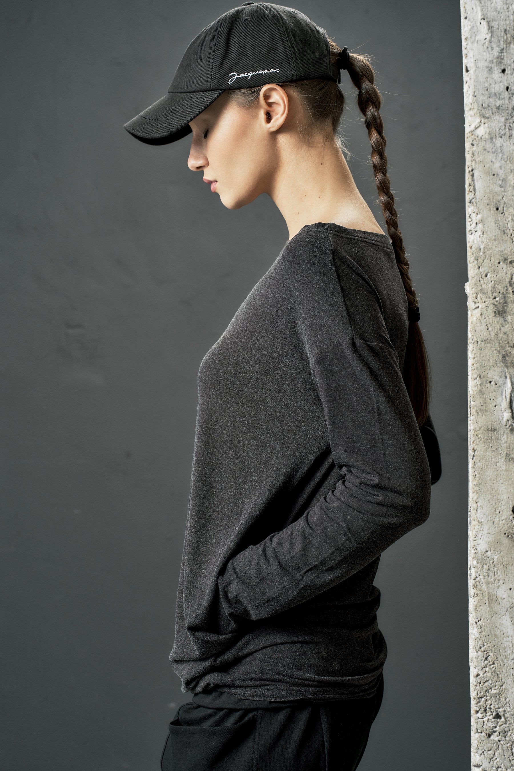 CHARCOAL JERSEY LONG SLEEVE BOATNECK TOP