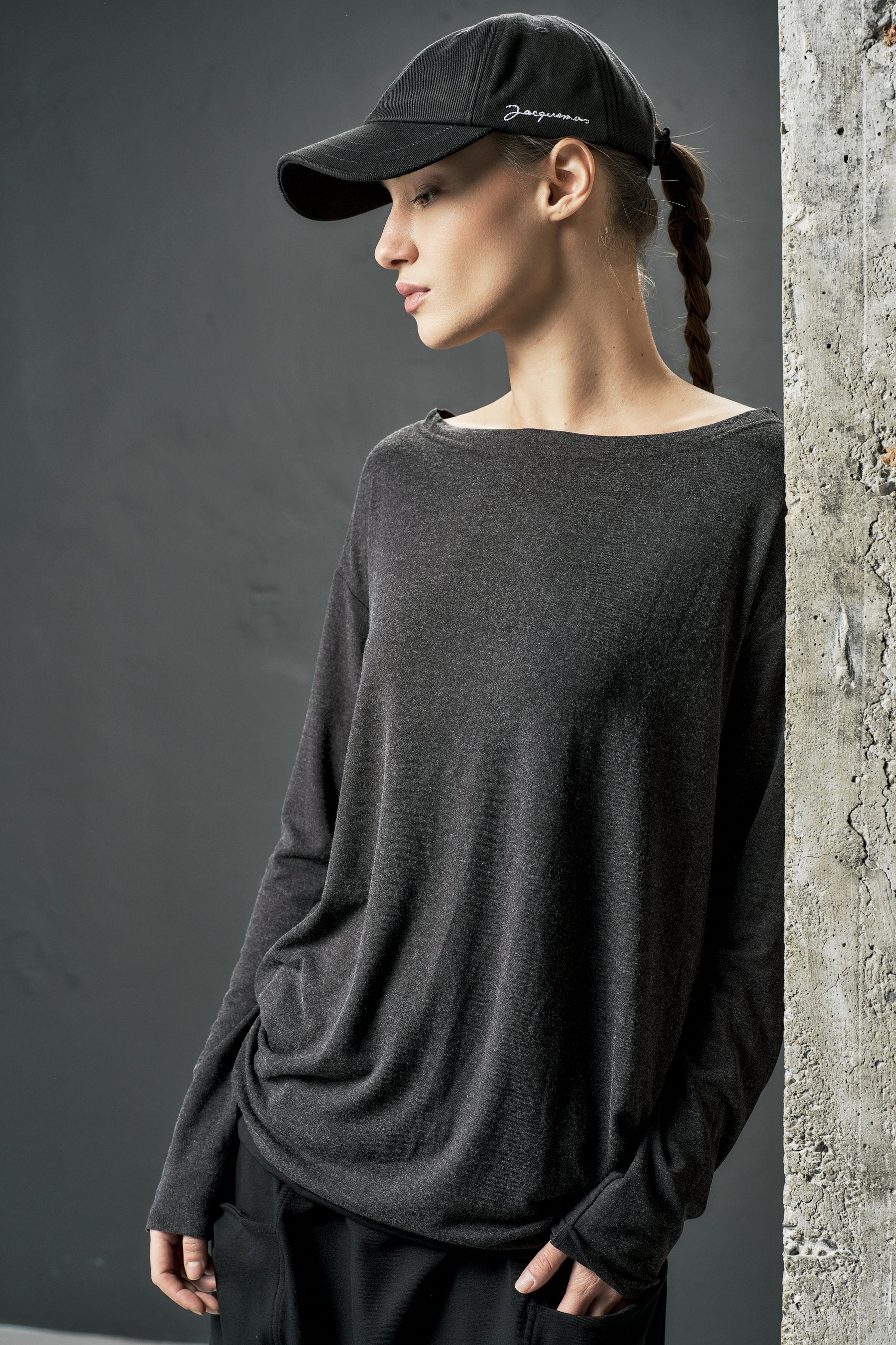 CHARCOAL JERSEY LONG SLEEVE BOATNECK TOP