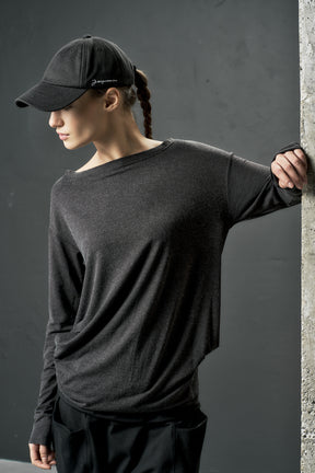 CHARCOAL JERSEY LONG SLEEVE BOATNECK TOP