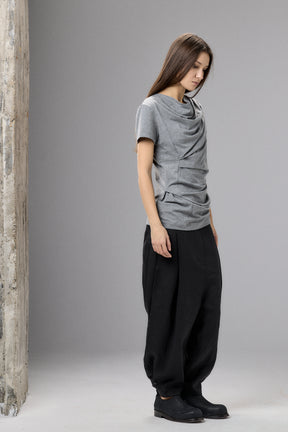 SHORT SLEEVE BLACK DRAPE BLOUSE