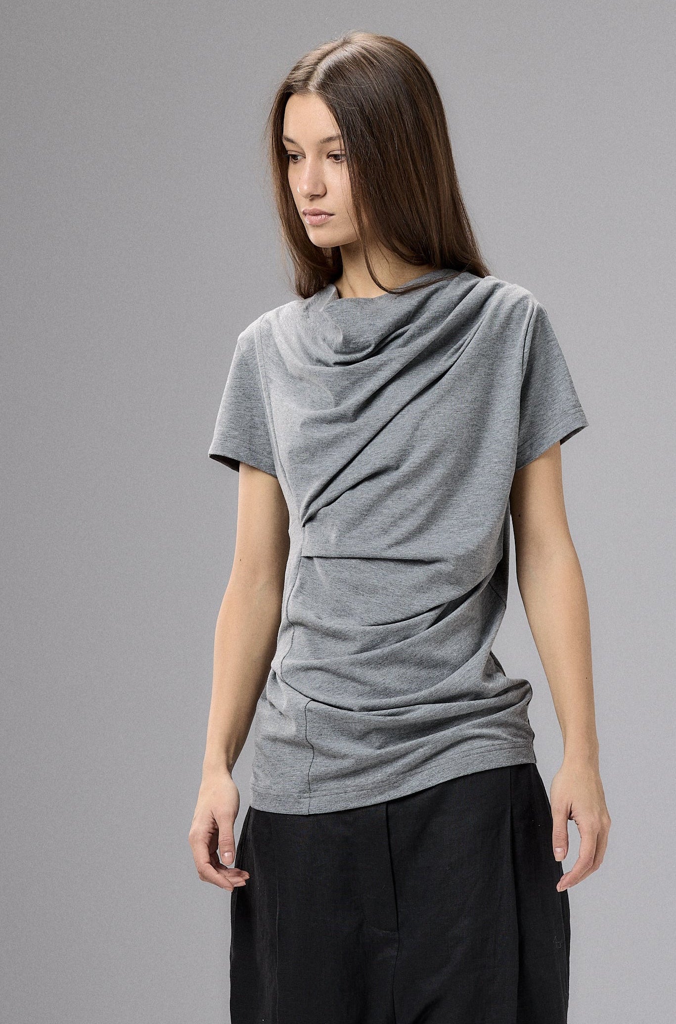 SHORT SLEEVE GRAY DRAPE BLOUSE