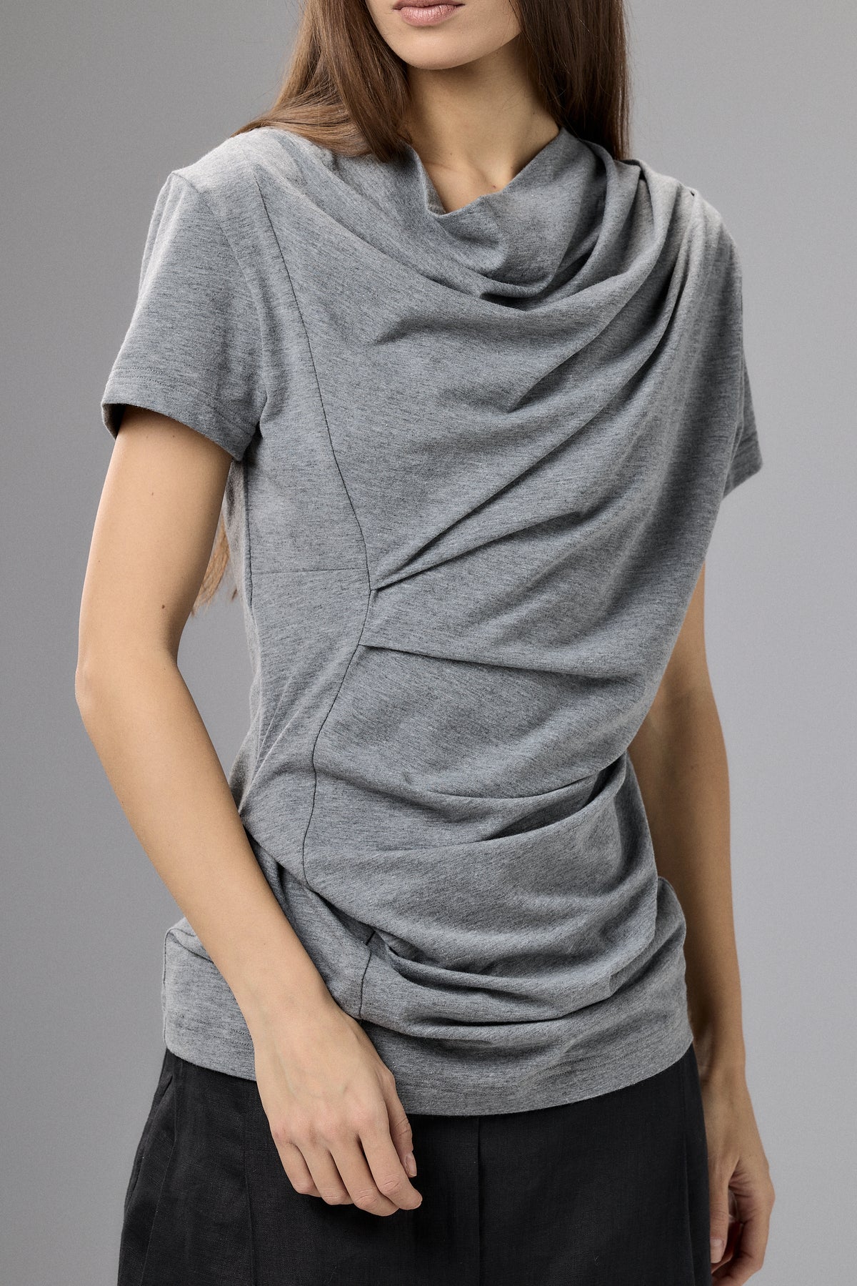 SHORT SLEEVE GRAY DRAPE BLOUSE