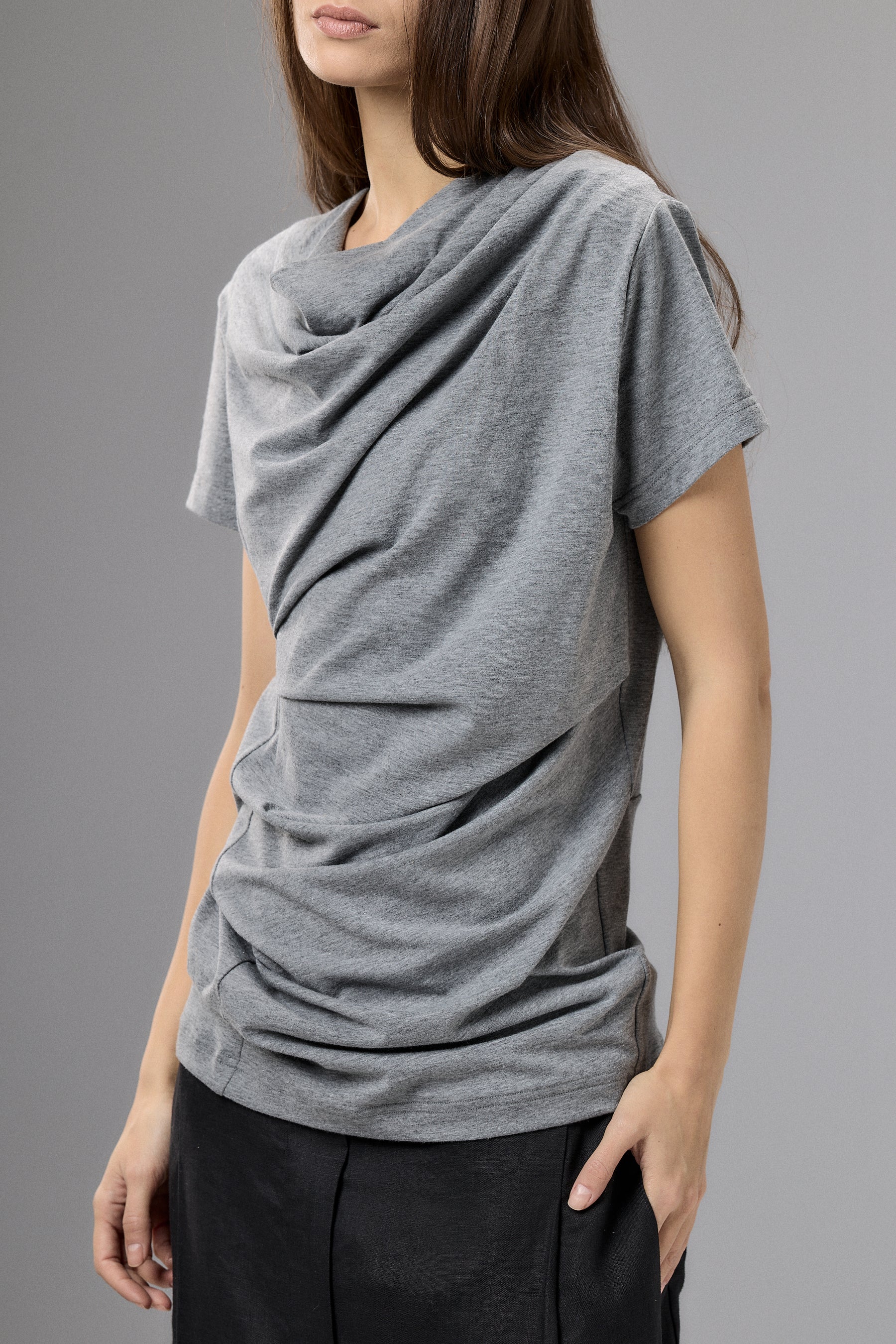 SHORT SLEEVE BLACK DRAPE BLOUSE