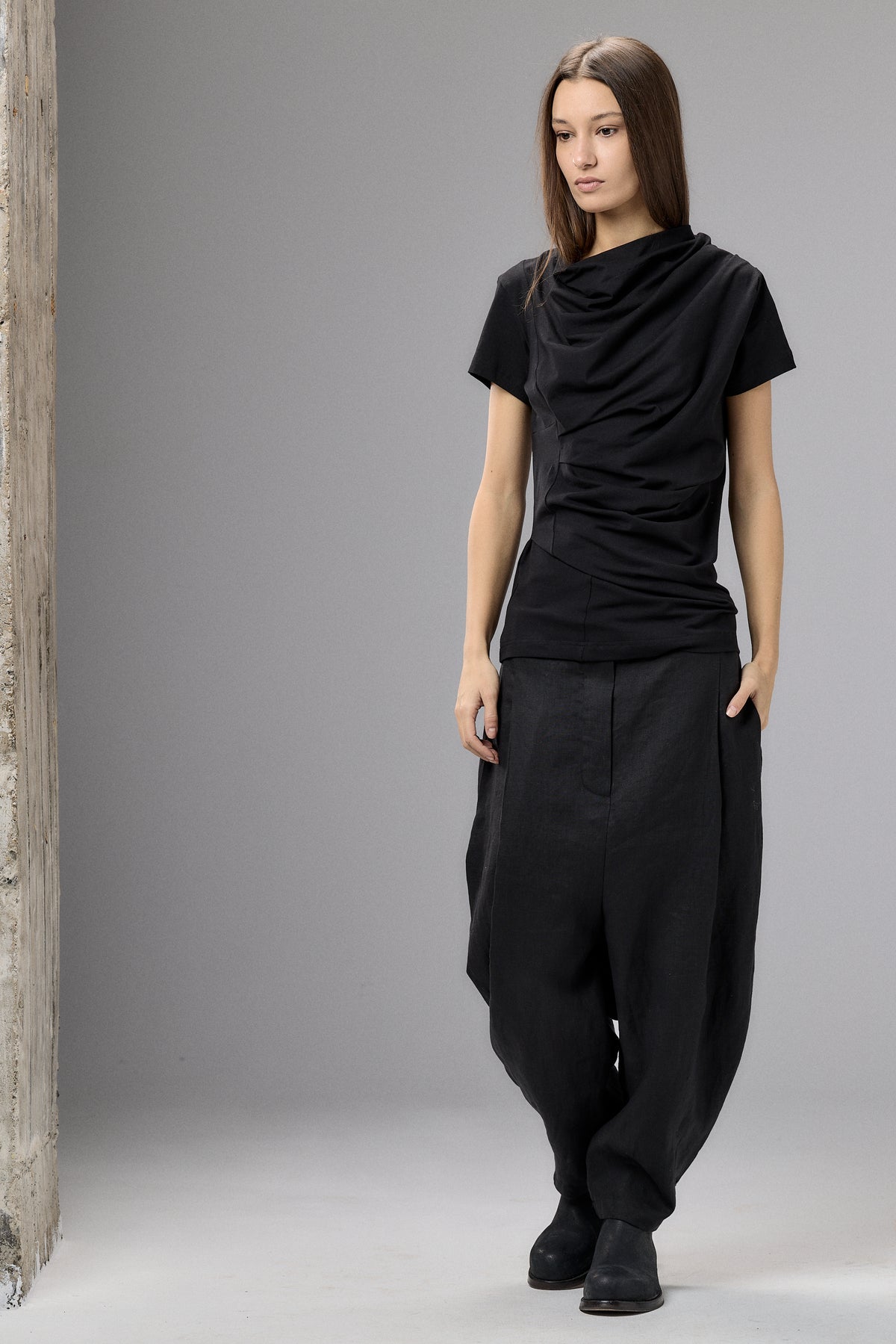 SHORT SLEEVE BLACK DRAPE BLOUSE