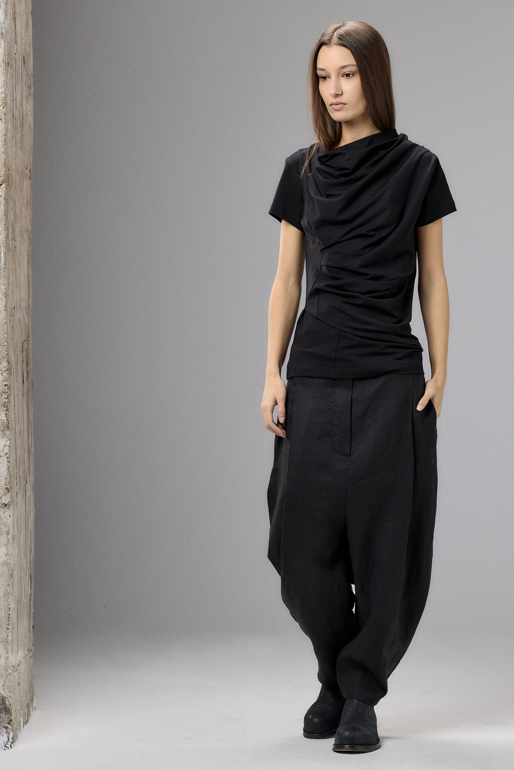 SHORT SLEEVE BLACK DRAPE BLOUSE