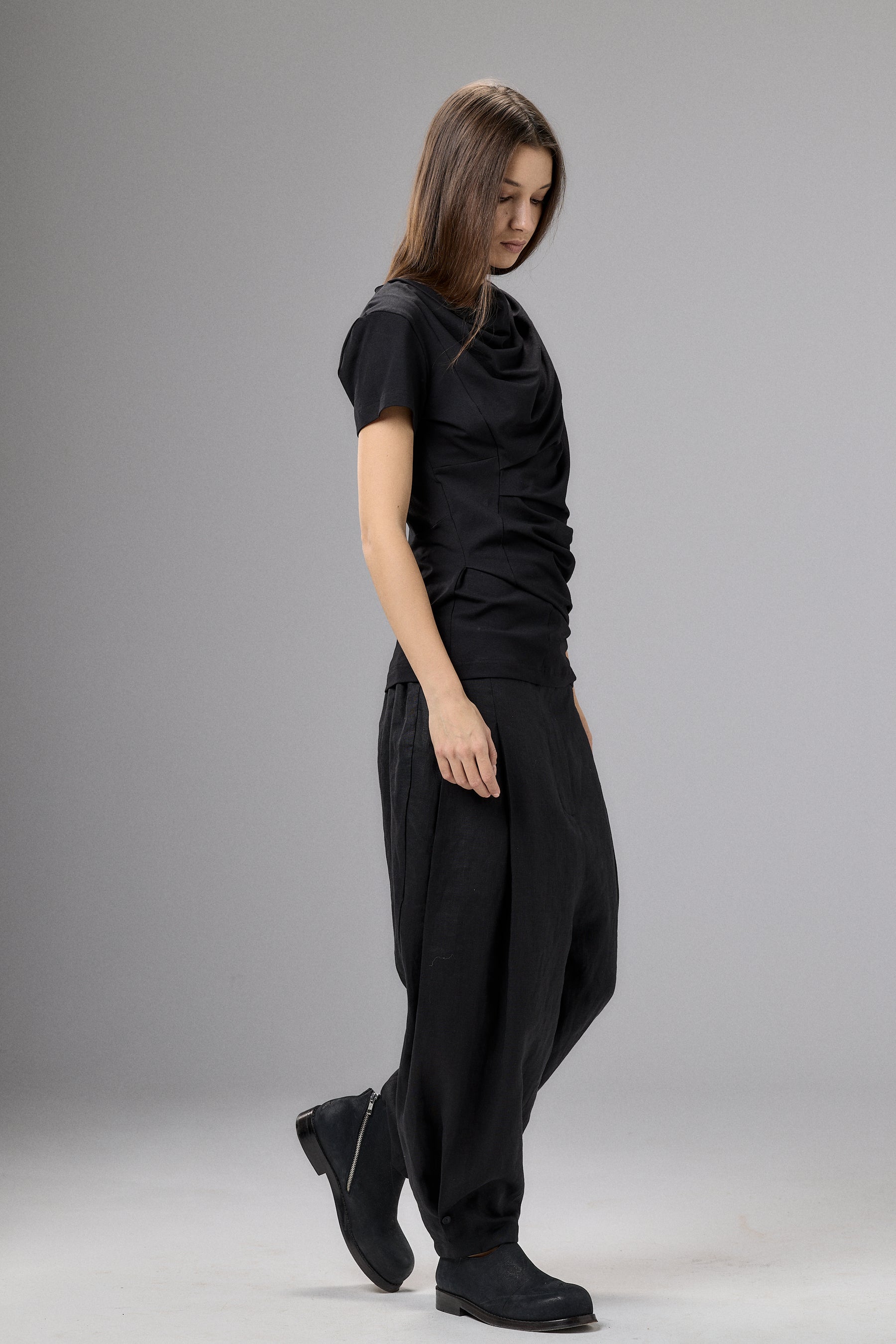 SHORT SLEEVE BLACK DRAPE BLOUSE