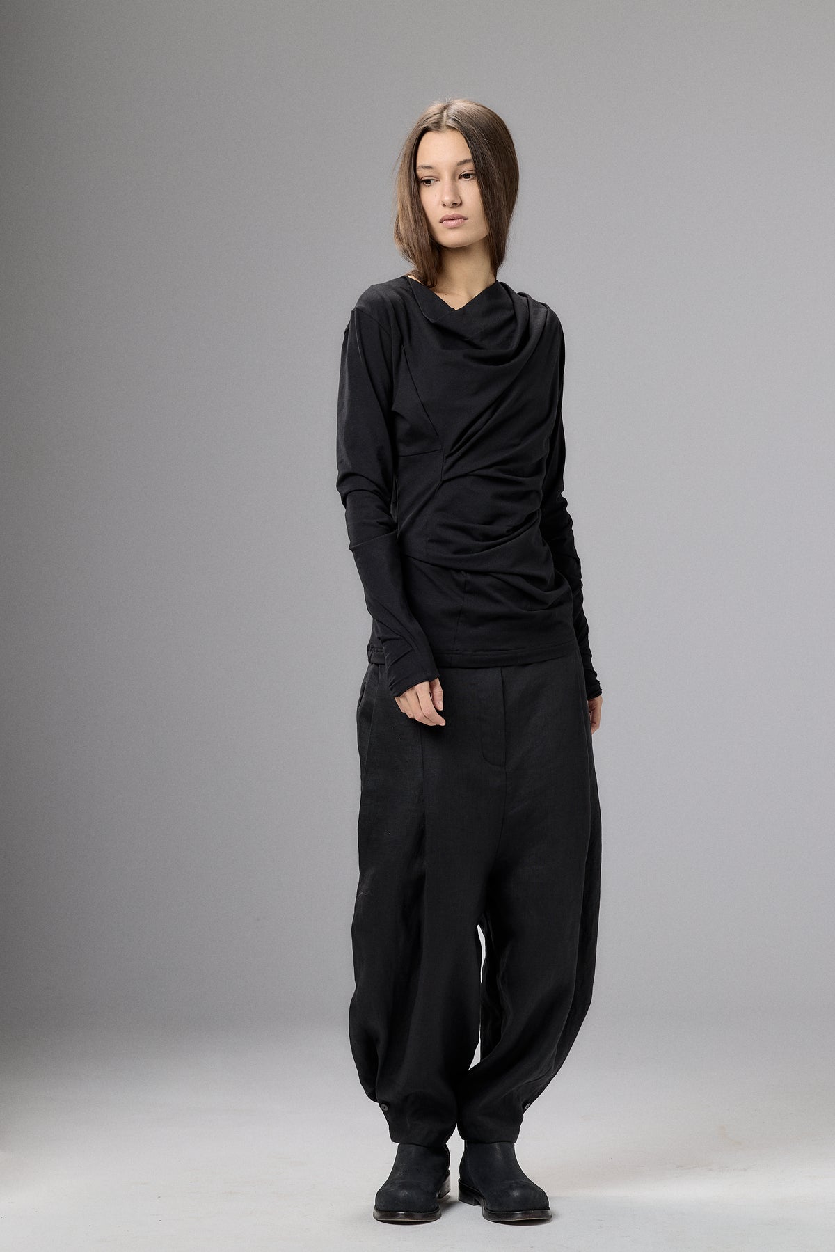 LONG SLEEVE BLACK DRAPE BLOUSE