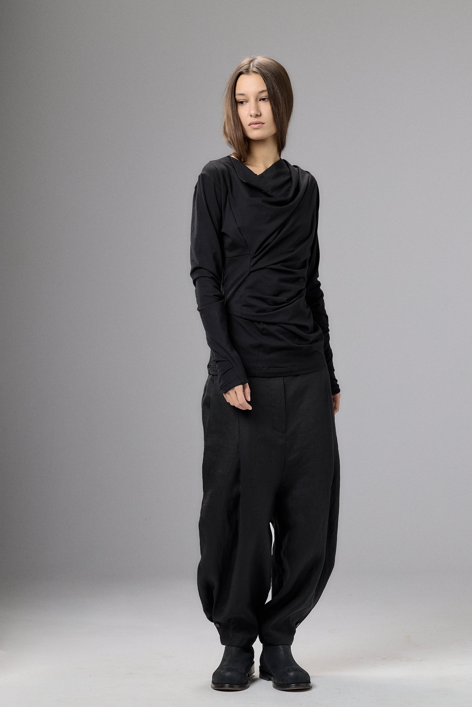 LONG SLEEVE BLACK DRAPE BLOUSE