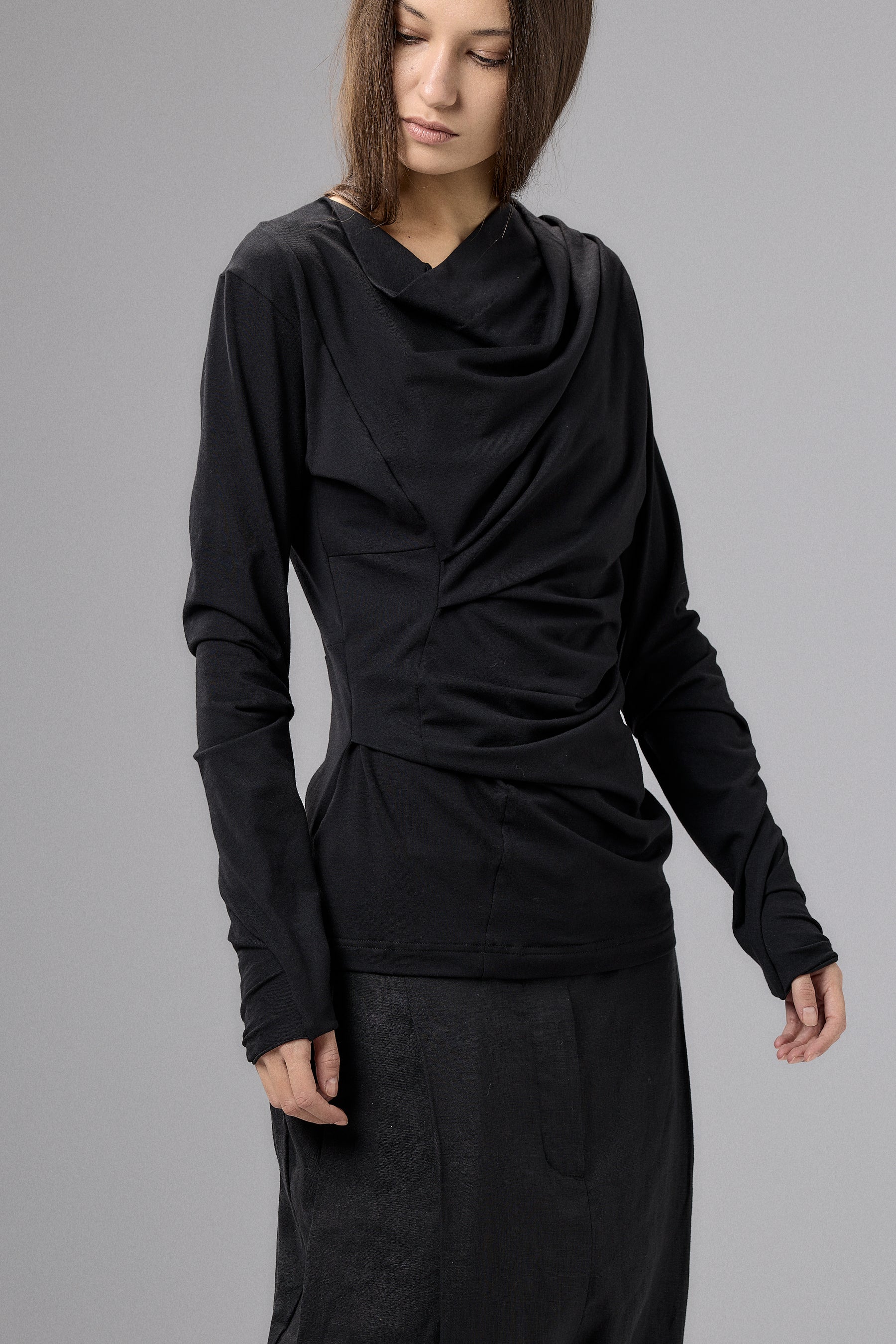 LONG SLEEVE BLACK DRAPE BLOUSE