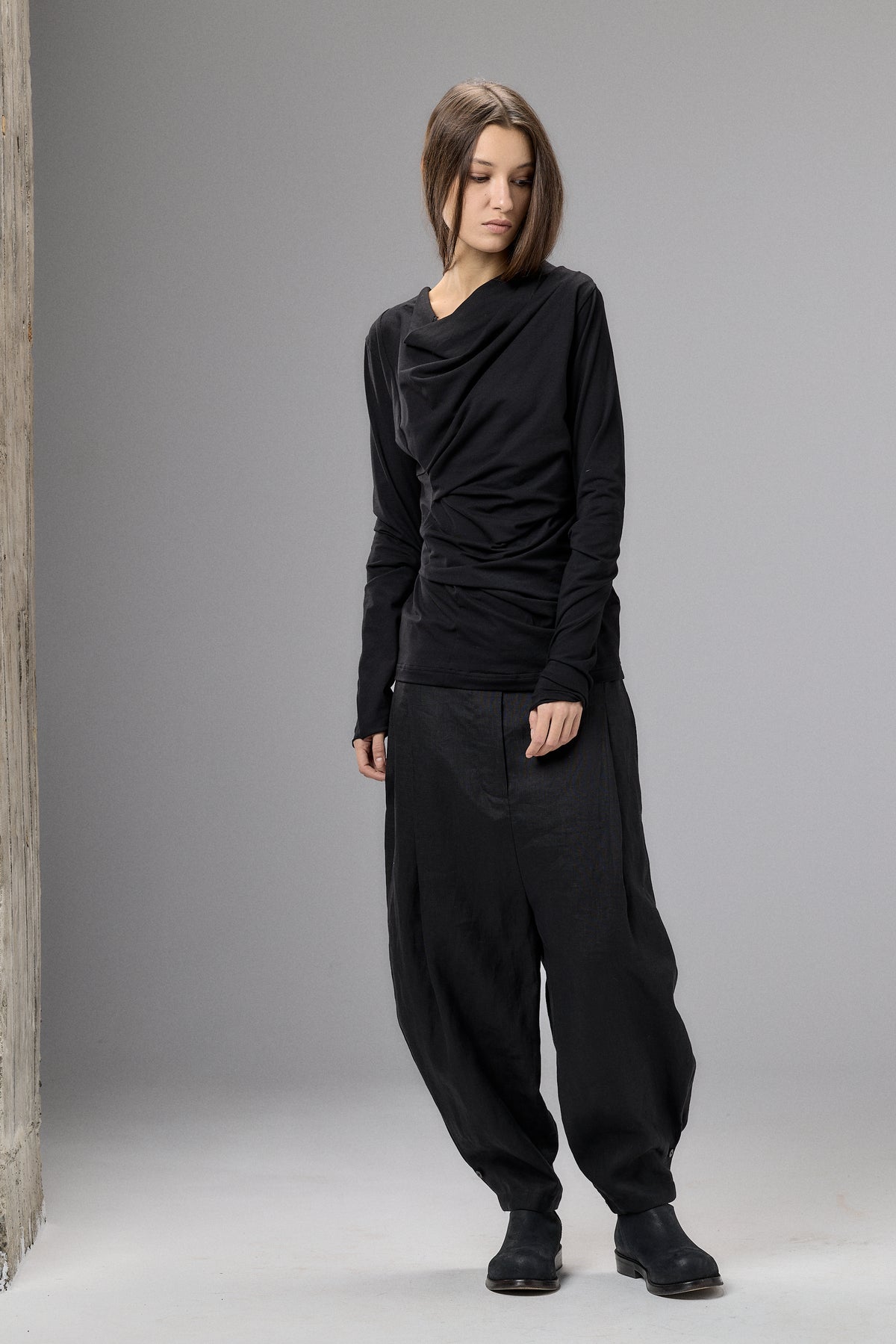 LONG SLEEVE MUTED BLUE DRAPE BLOUSE