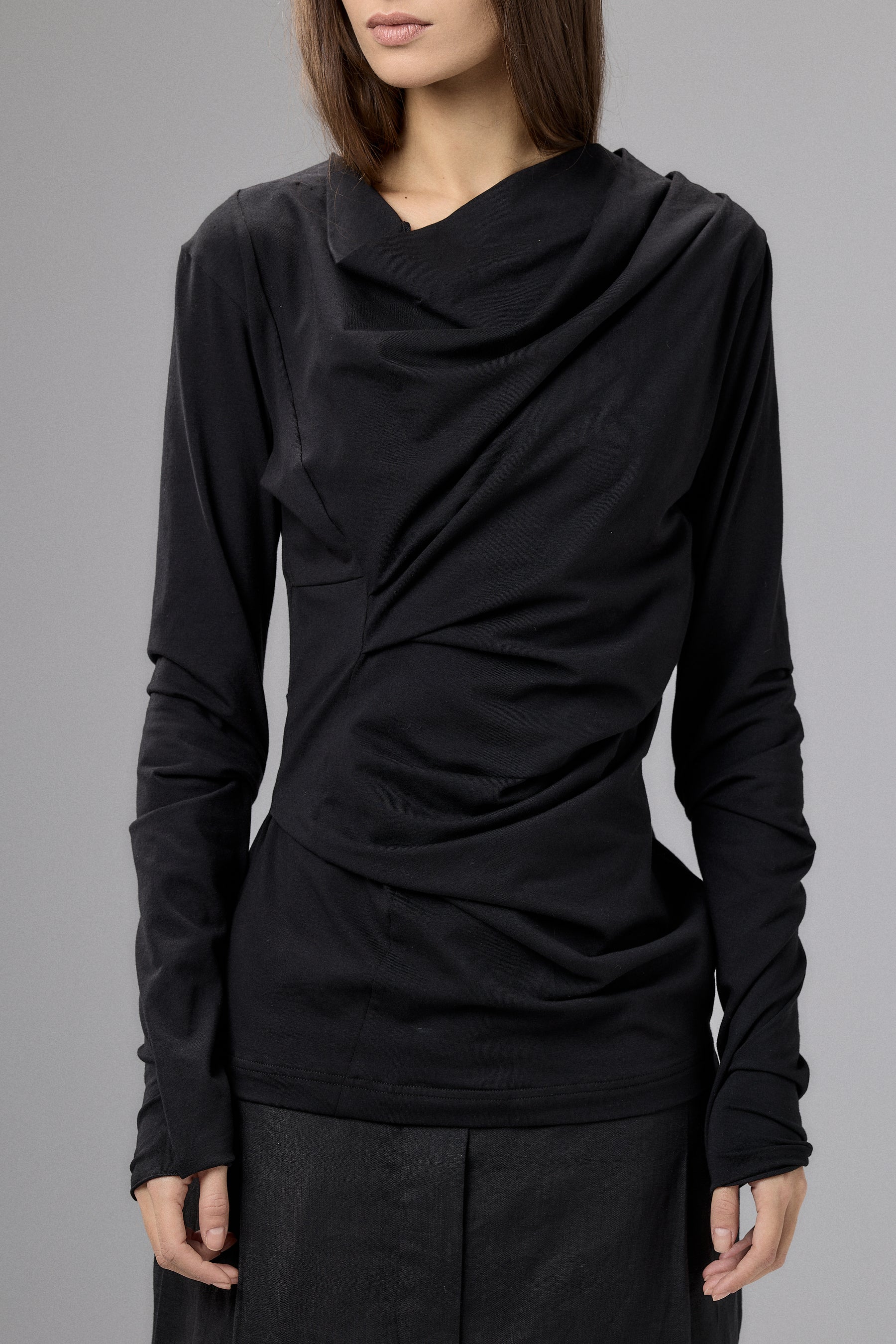LONG SLEEVE BLACK DRAPE BLOUSE