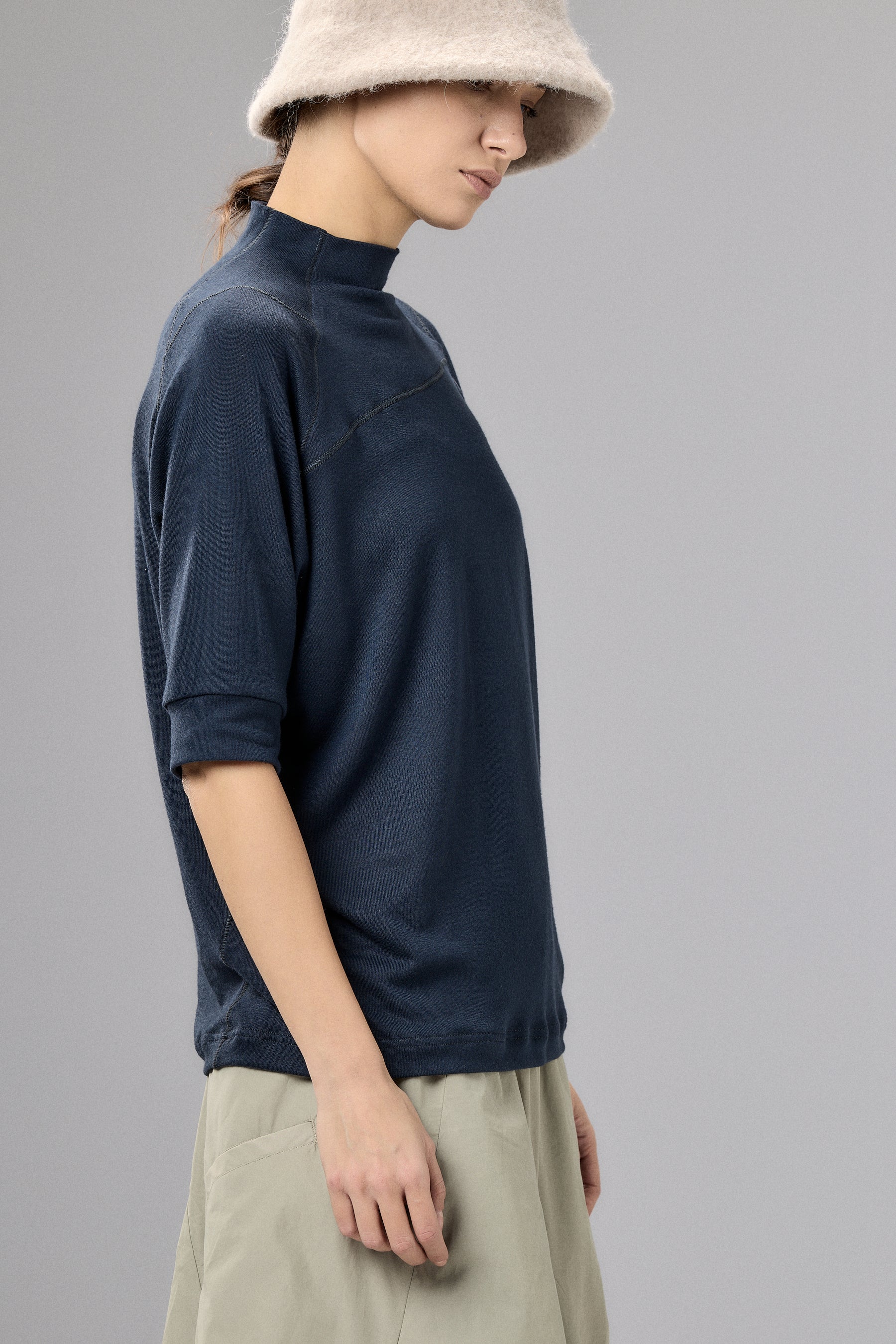 HALF SLEEVE MOCK NECK MUTED BLUE TOP