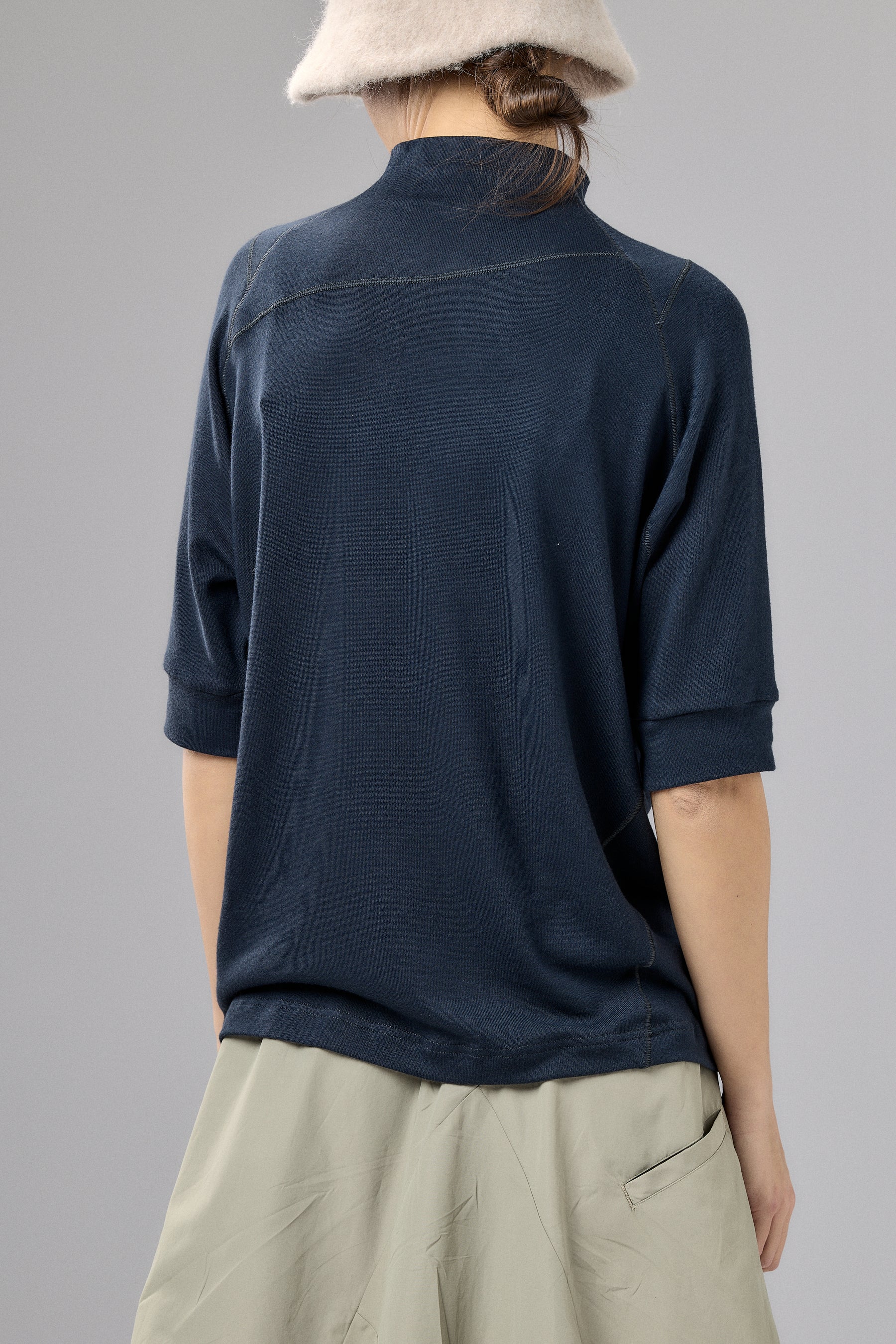HALF SLEEVE MOCK NECK MUTED BLUE TOP