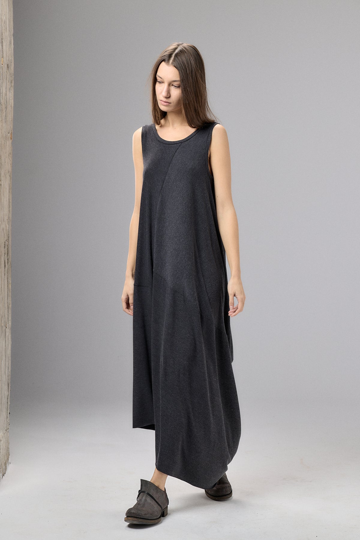 LOOSE CHARCOAL DRAPED MAXI DRESS
