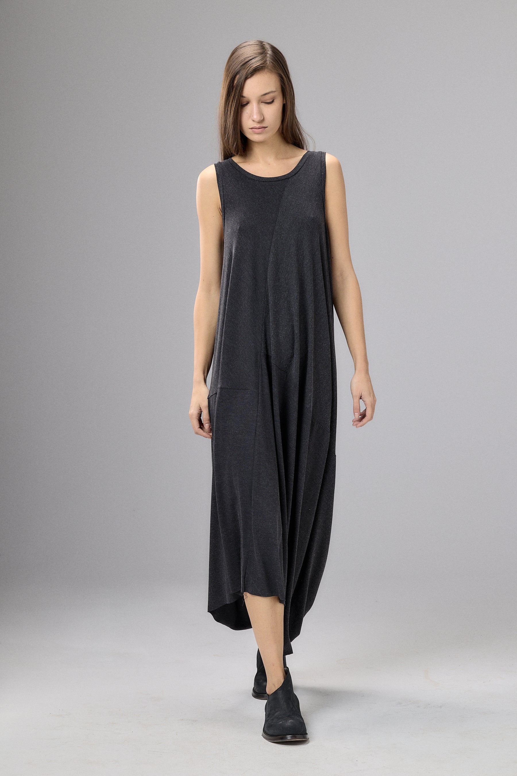 LOOSE CHARCOAL DRAPED MAXI DRESS