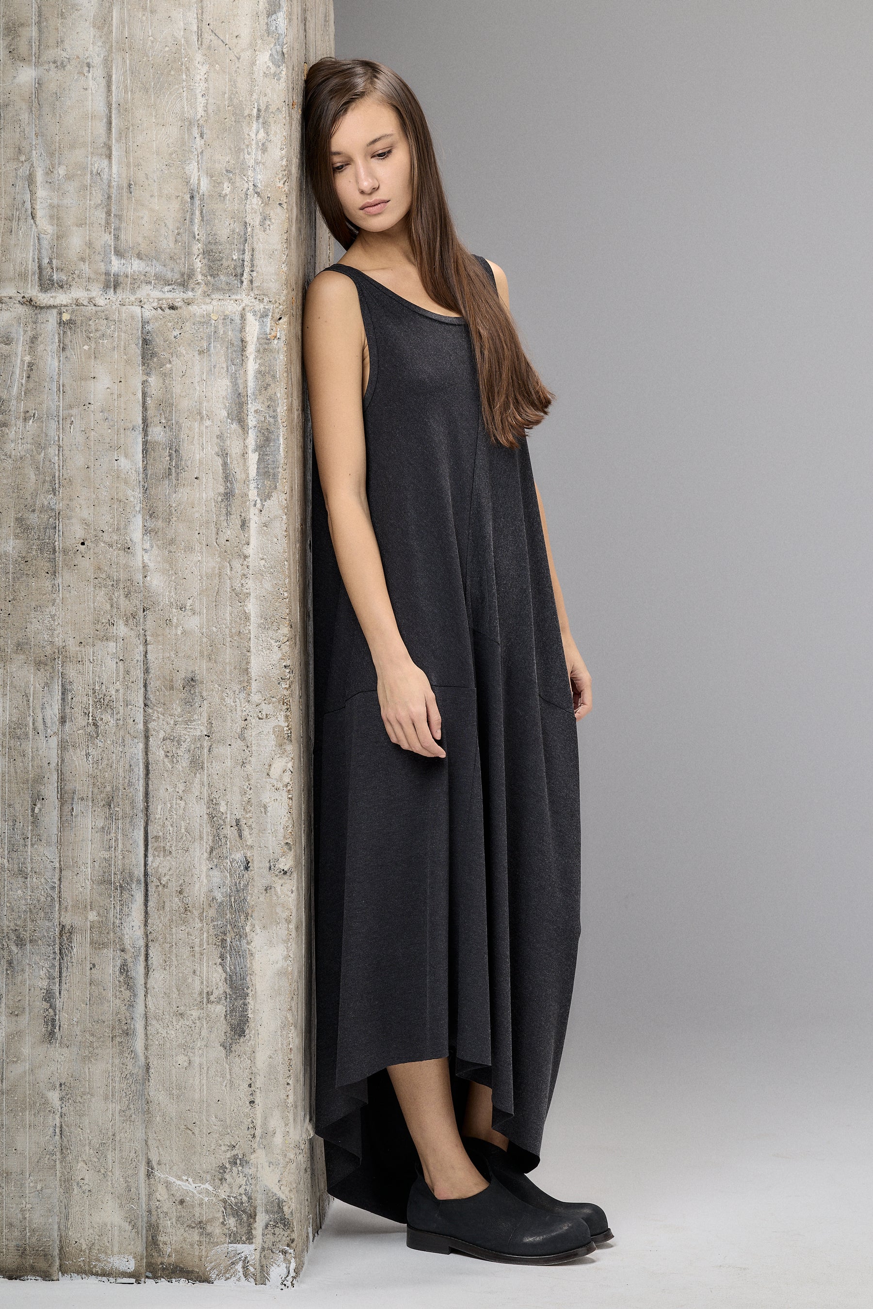 LOOSE CHARCOAL DRAPED MAXI DRESS
