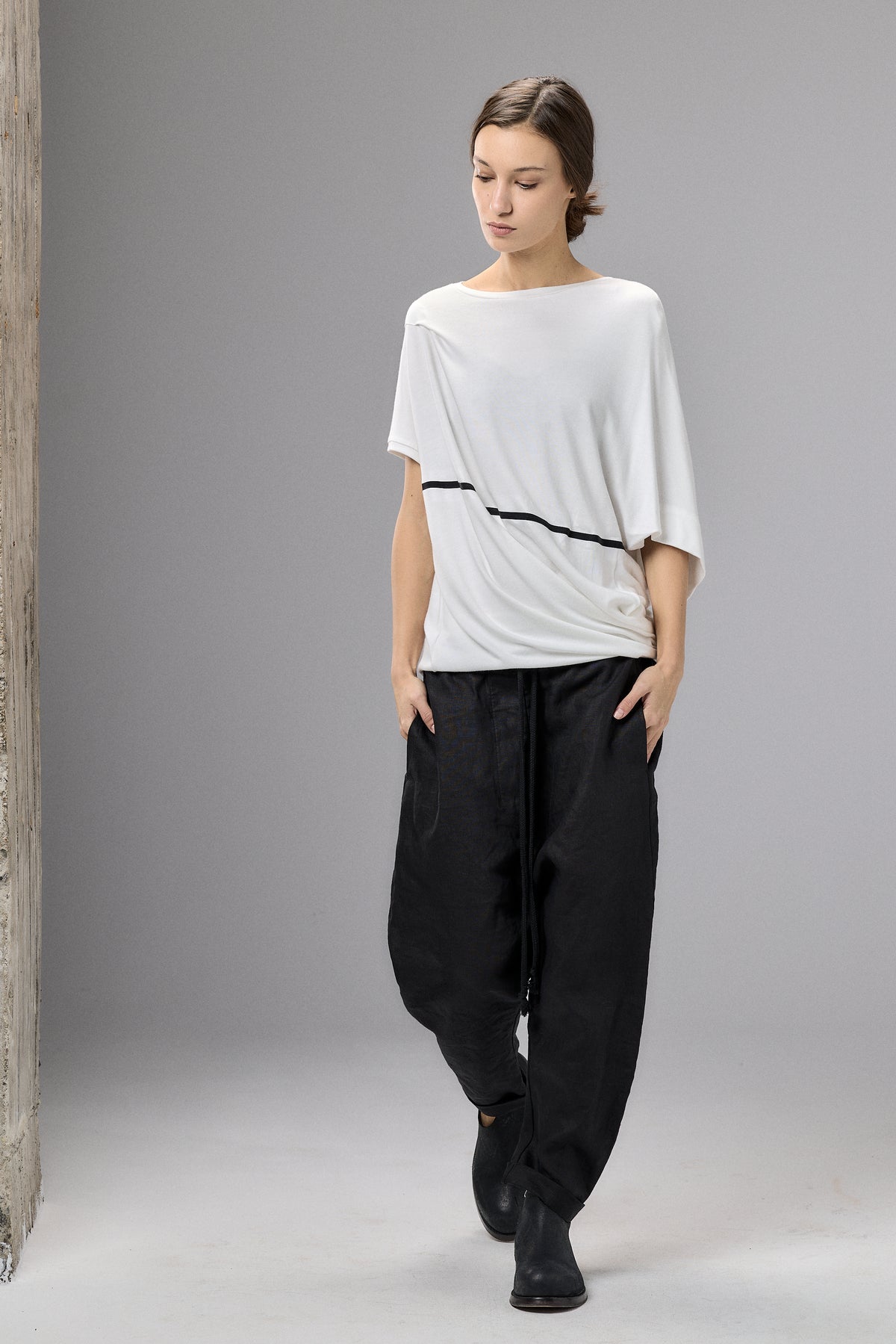 ASYMMETRICAL DRAPED BLACK BLOUSE