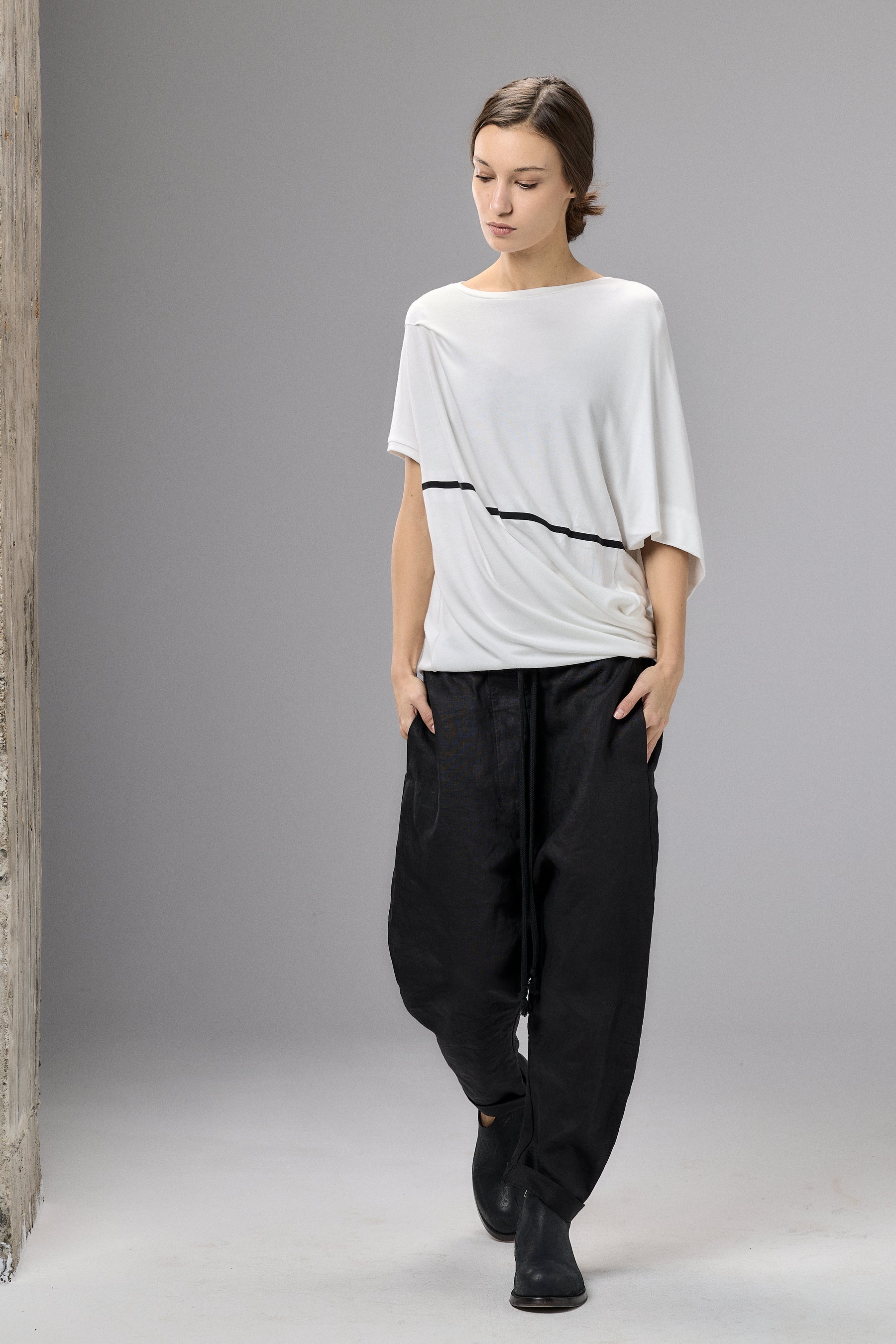 ASYMMETRICAL DRAPED BLACK BLOUSE