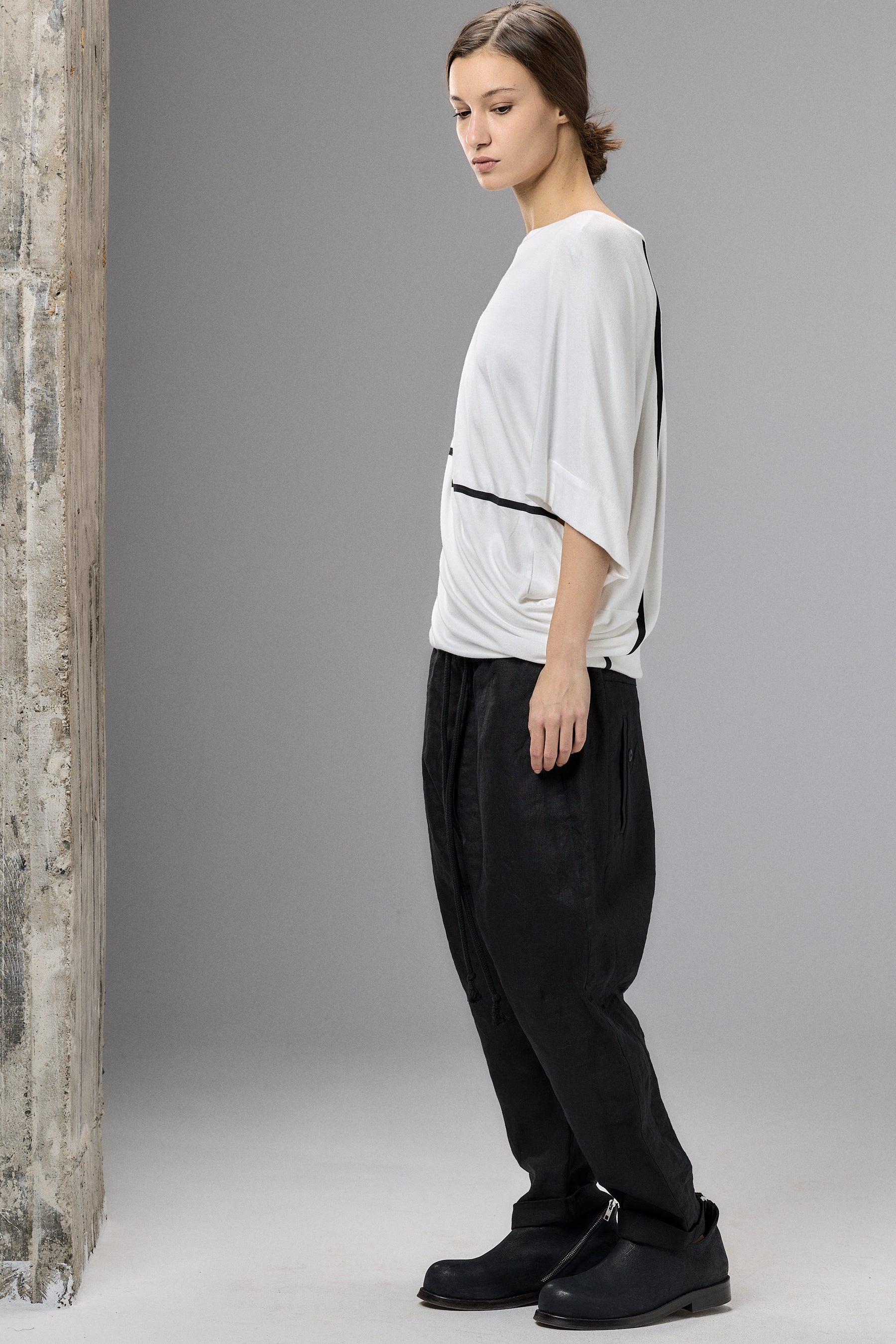 ASYMMETRICAL DRAPED BLACK BLOUSE