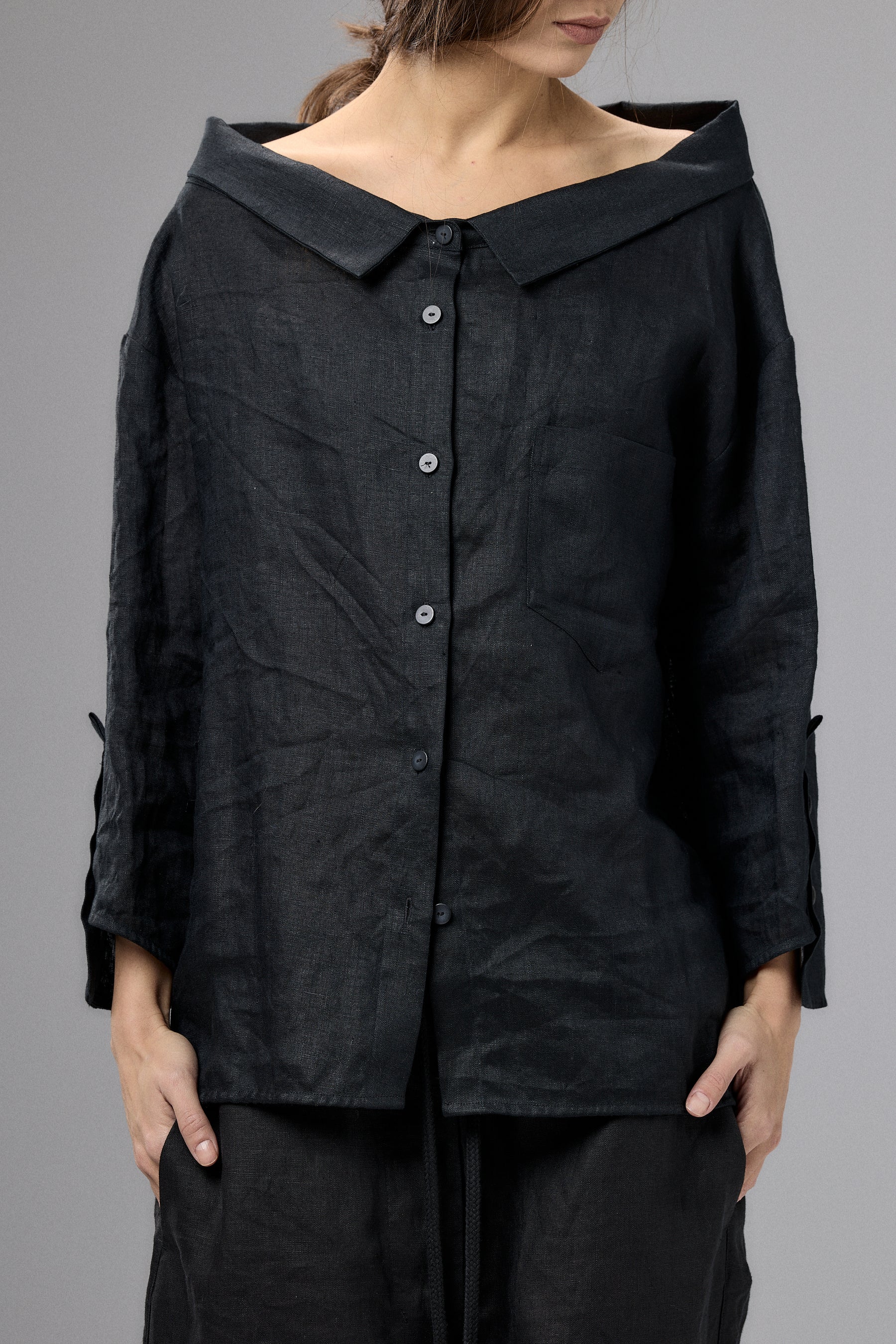 OFF SHOULDER SAND LINEN SHIRT